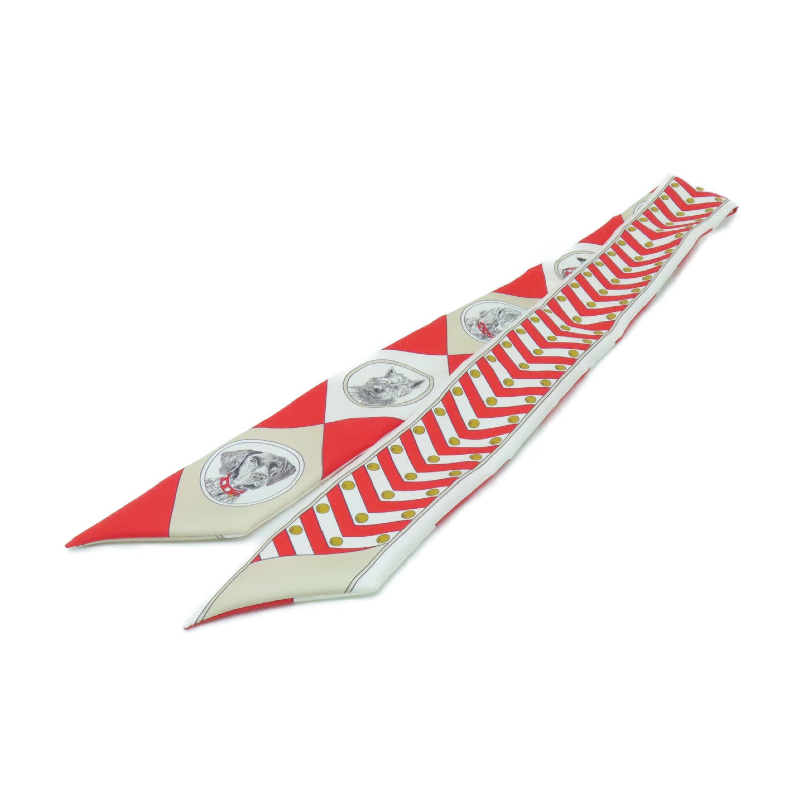 HERMES 絲質Twilly絲巾紅色/米色/白色
