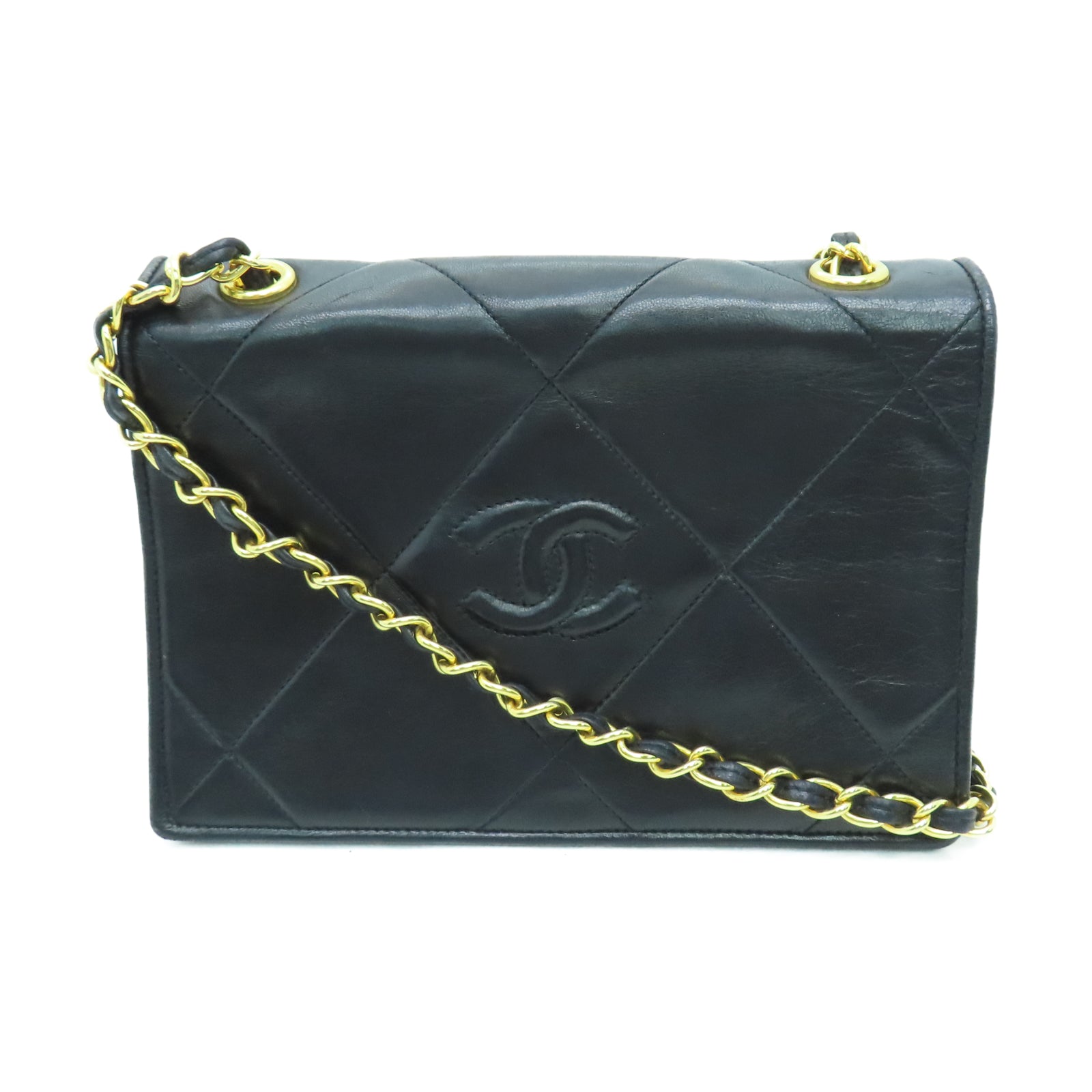 CHANEL 菱格羊皮皮革Vintage Chain Shoulder金扣鏈帶肩背袋黑色