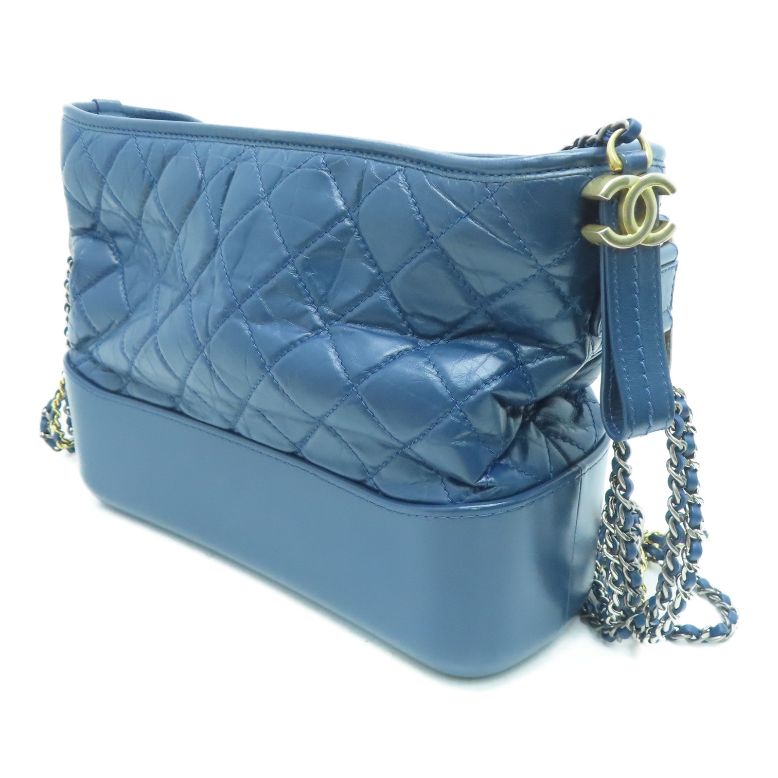 CHANEL rhombic cowhide leather Gabrielle silver buckle / gold buckle chain shoulder bag blue