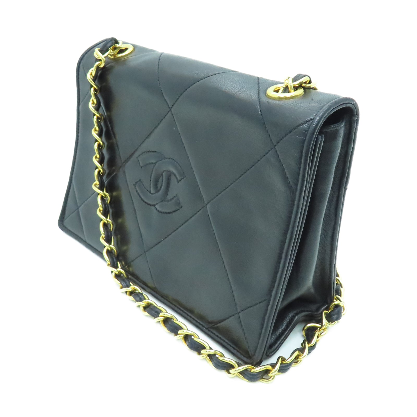 CHANEL 菱格羊皮皮革Vintage Chain Shoulder金扣鏈帶肩背袋黑色