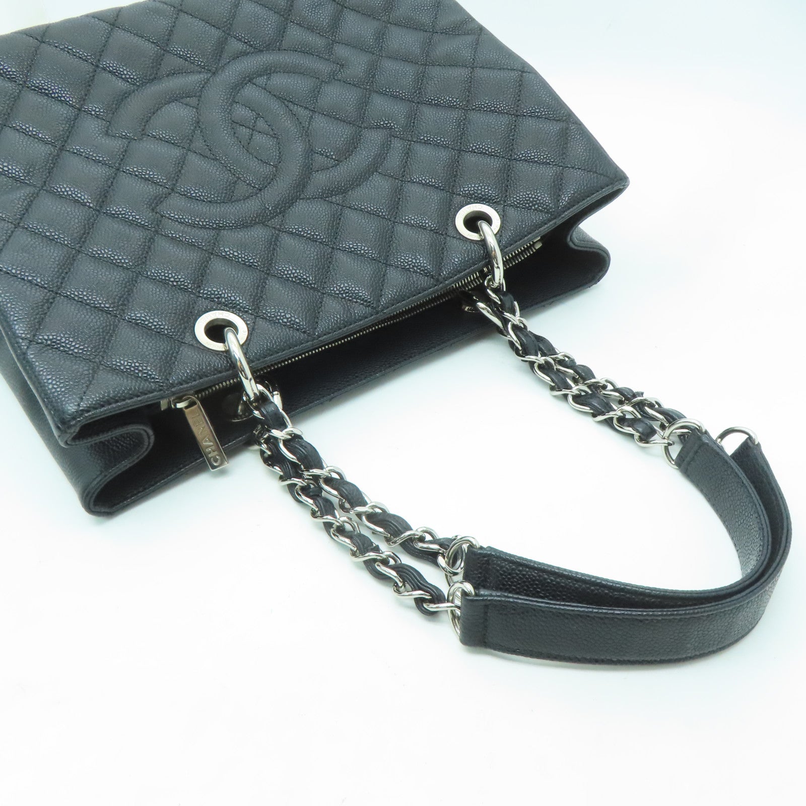 CHANEL 菱格牛皮皮革GST銀扣手挽袋黑色