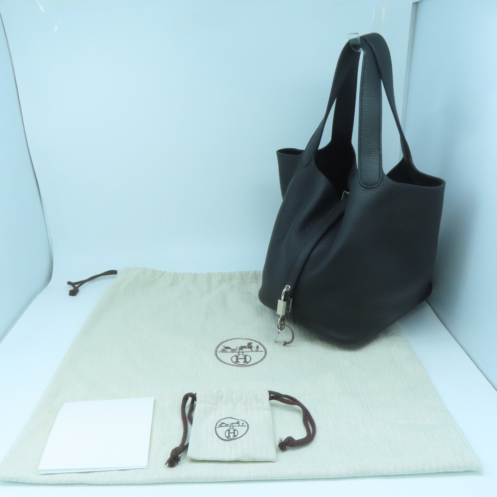 HERMES Clemence Leather Picotin MM Silver Buckle Handle Bag Black