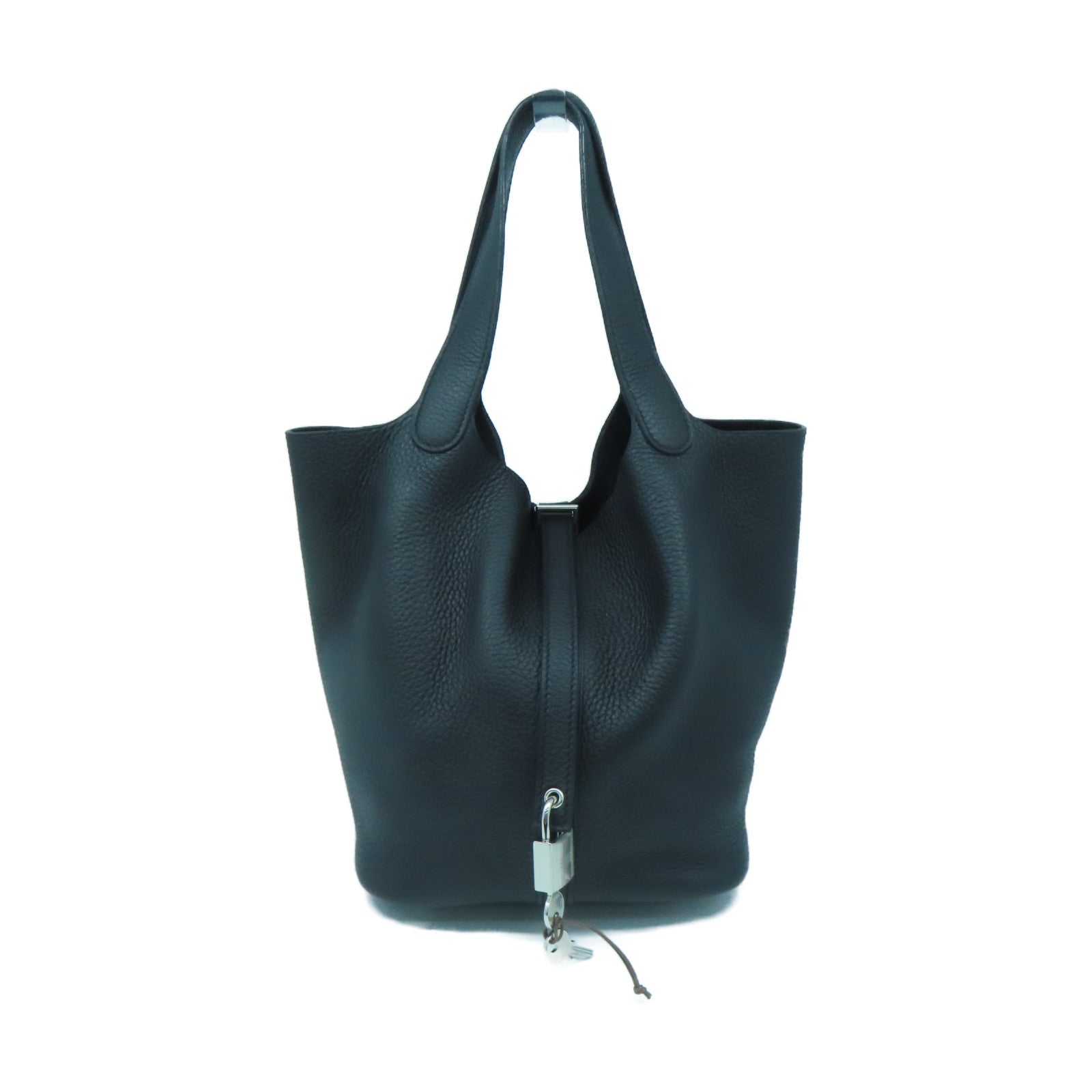 HERMES Clemence Leather Picotin MM Silver Buckle Handle Bag Black