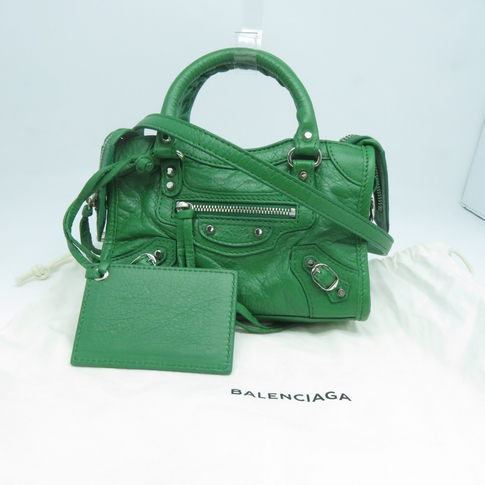 BALENCIAGA 牛皮皮革Mini City銀扣手挽肩背兩用袋綠色