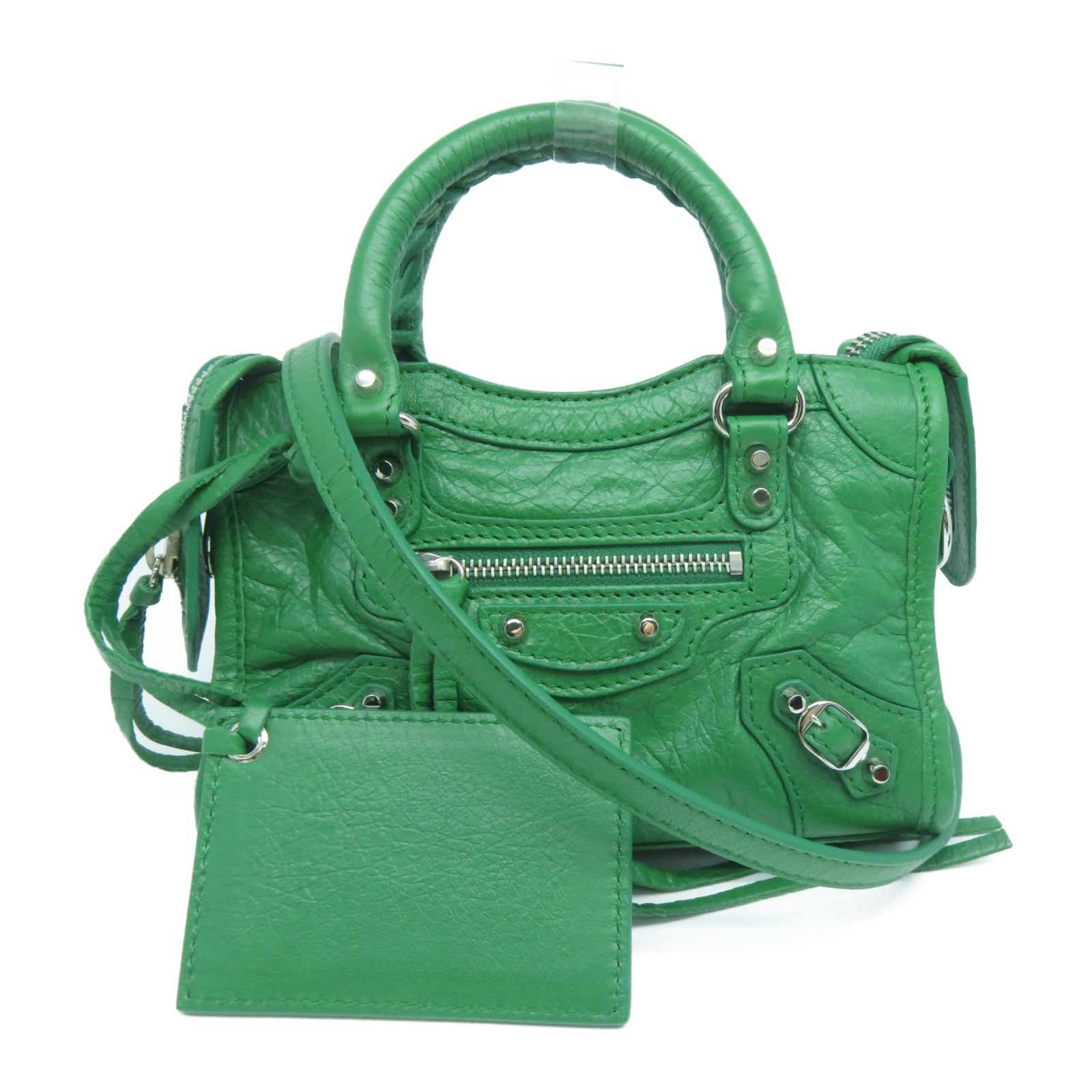 BALENCIAGA 牛皮皮革Mini City銀扣手挽肩背兩用袋綠色