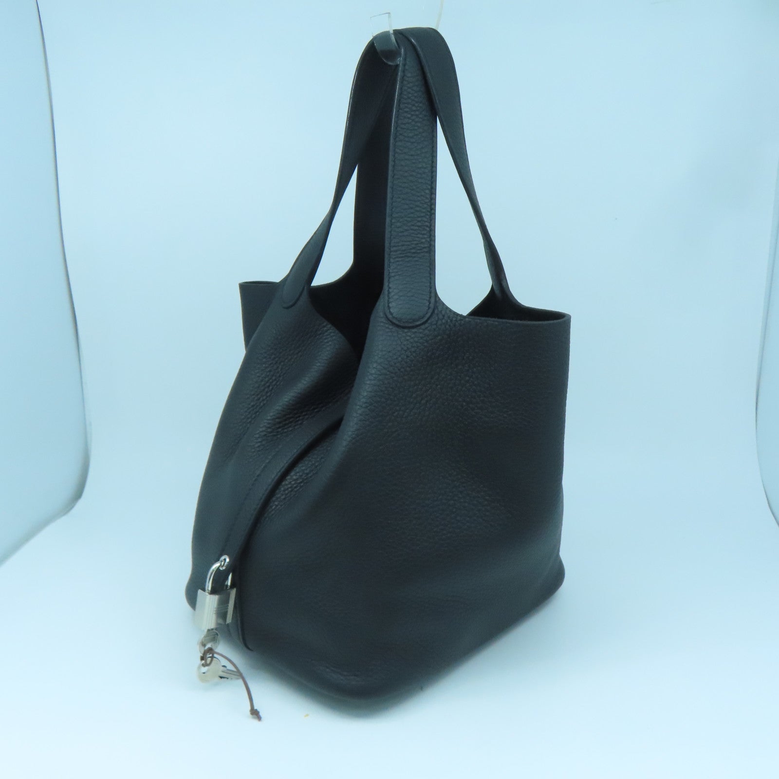 HERMES Clemence Leather Picotin MM Silver Buckle Handle Bag Black