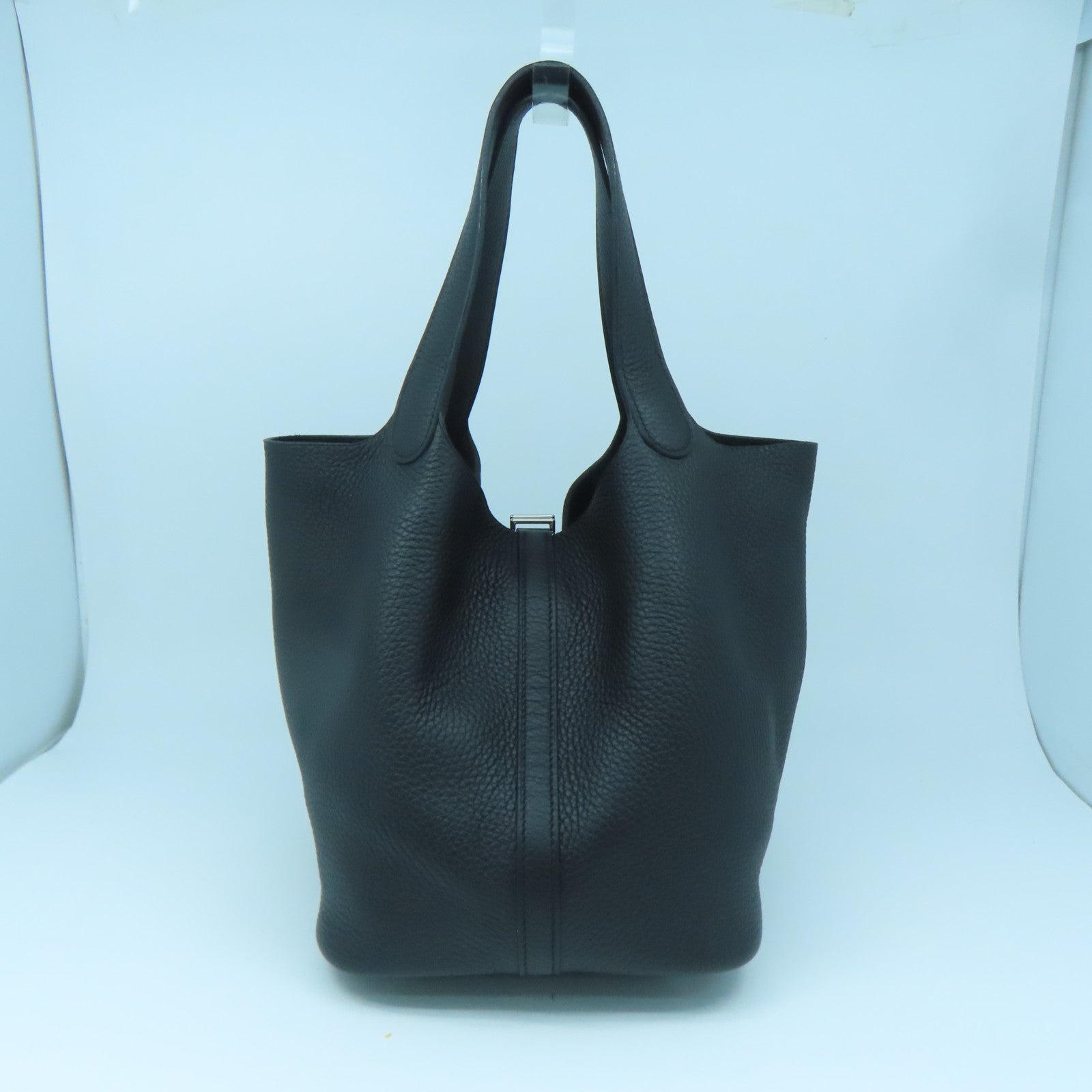 HERMES Clemence Leather Picotin MM Silver Buckle Handle Bag Black