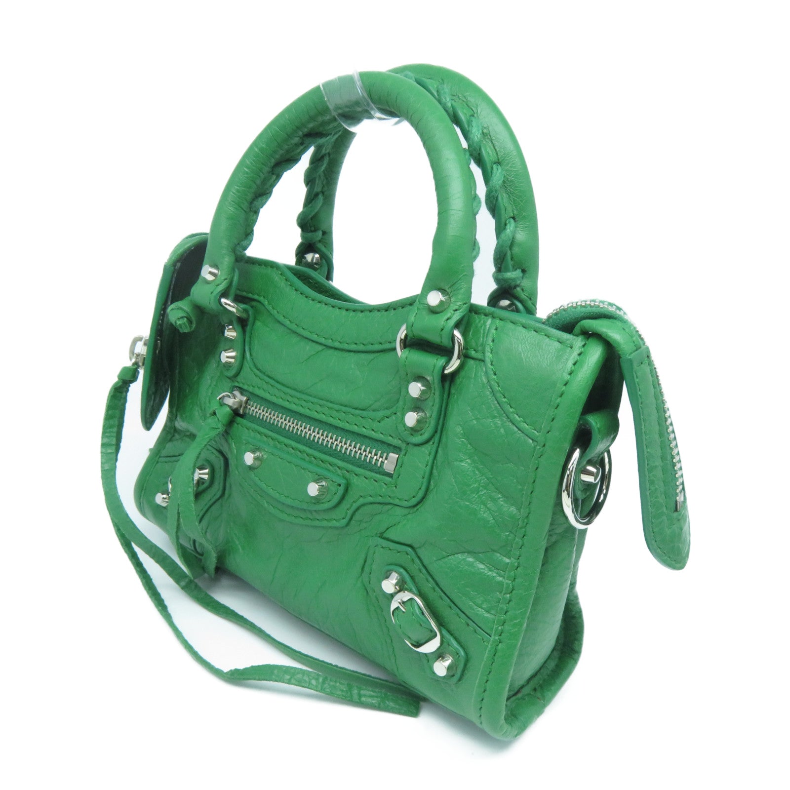 BALENCIAGA 牛皮皮革Mini City銀扣手挽肩背兩用袋綠色