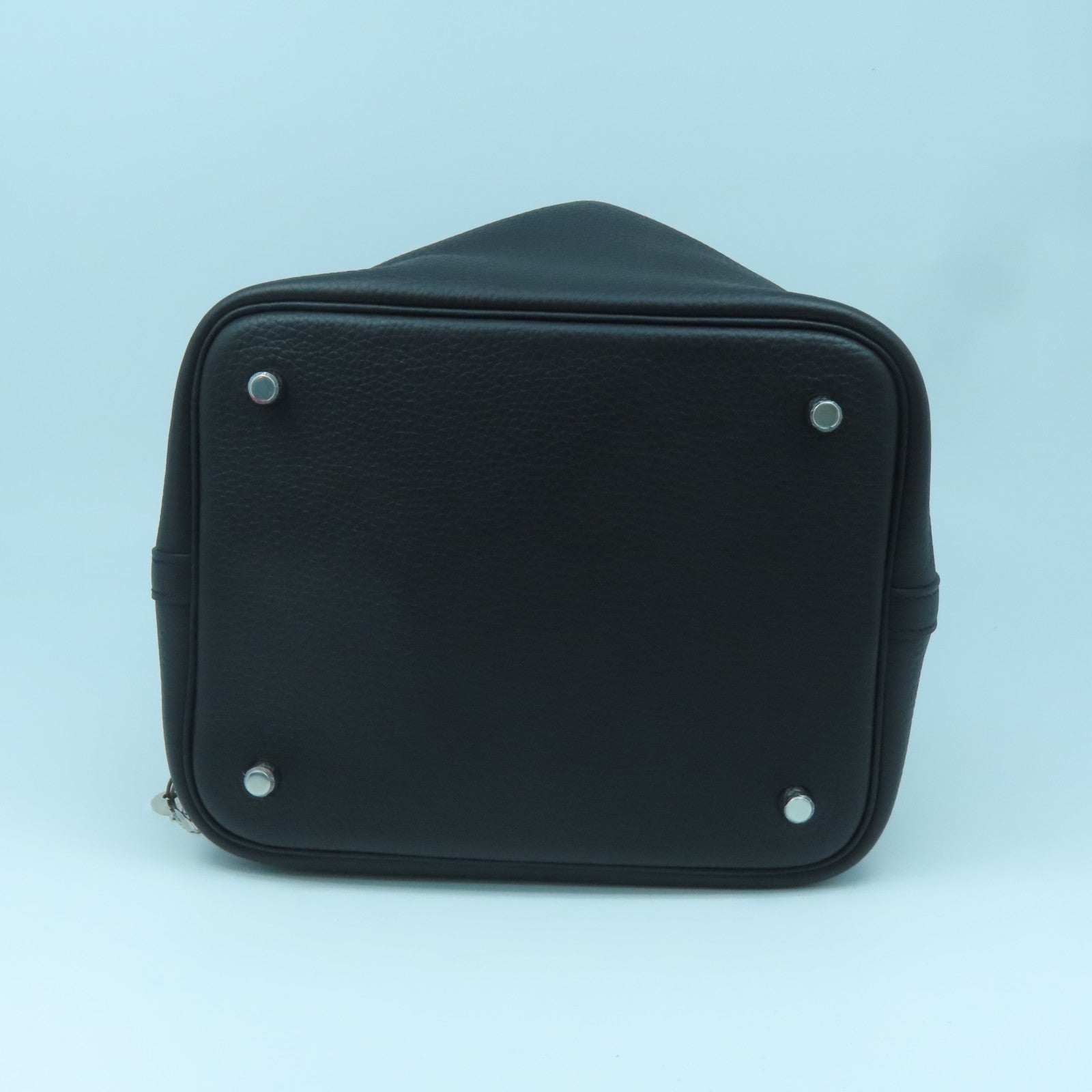 HERMES Clemence Leather Picotin MM Silver Buckle Handle Bag Black