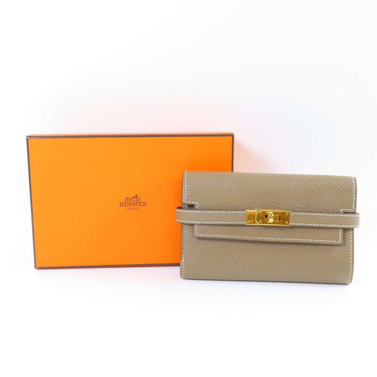 HERMES Chevre皮革Kelly Wallet金扣長錢包Etoupe大象灰色