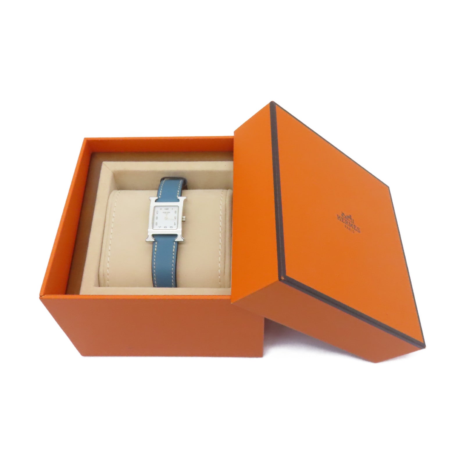 HERMES H Watch不鏽鋼/皮革帶手錶石英機芯白色/藍色