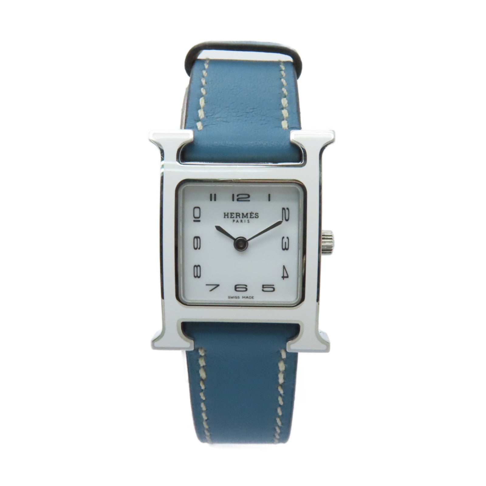 HERMES H Watch不鏽鋼/皮革帶手錶石英機芯白色/藍色