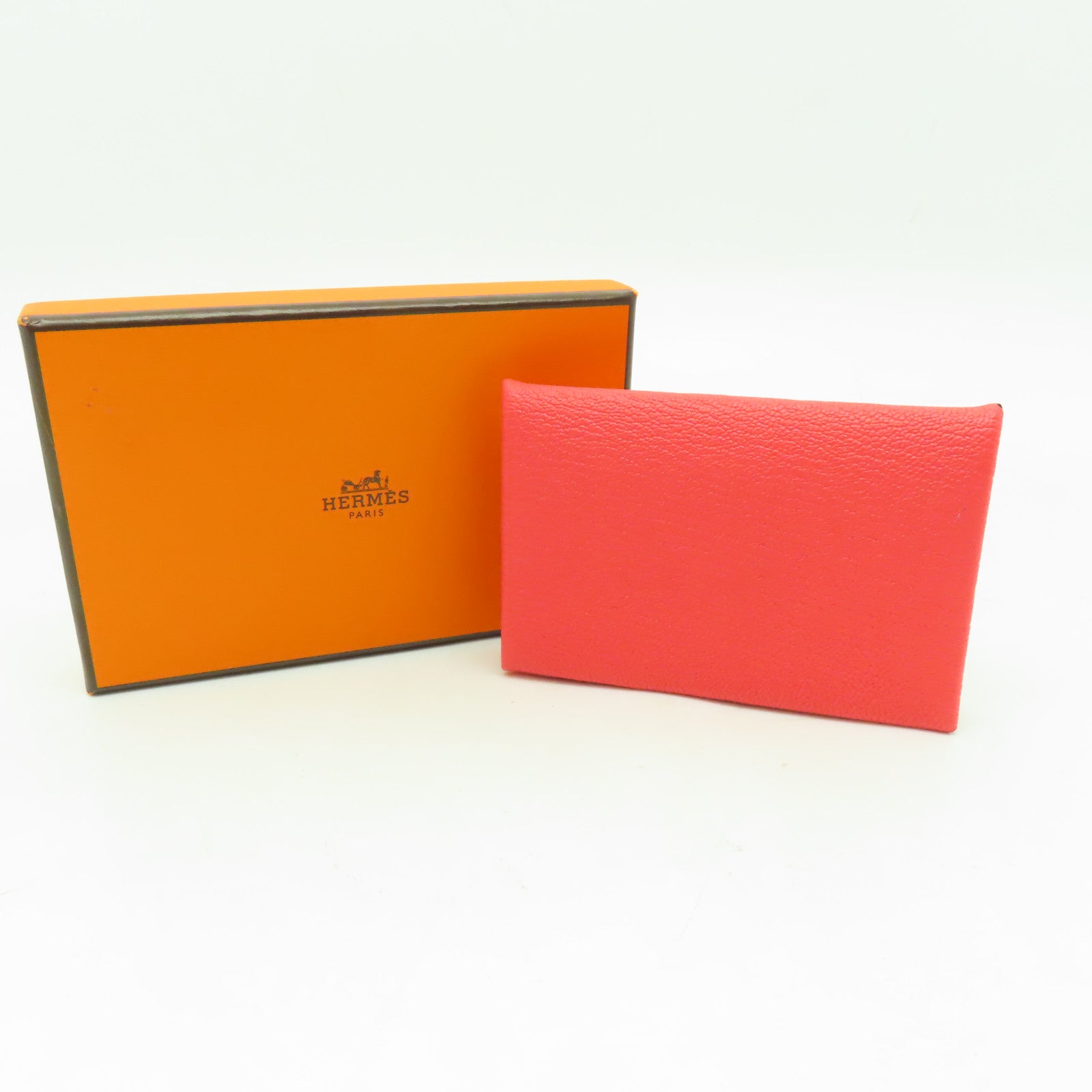 HERMES Chevre皮革Calvi銀扣卡片套番茄紅色