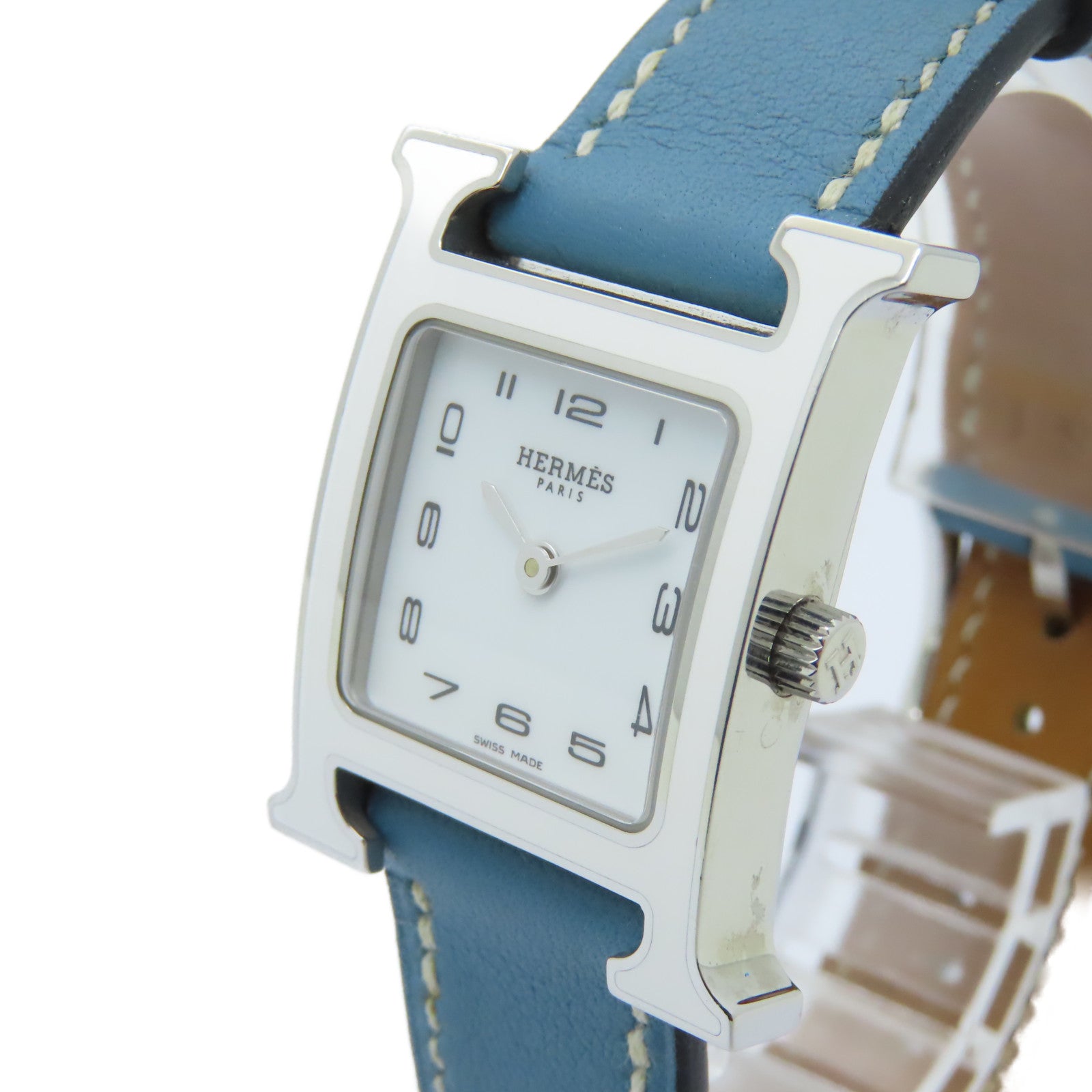 HERMES H Watch不鏽鋼/皮革帶手錶石英機芯白色/藍色