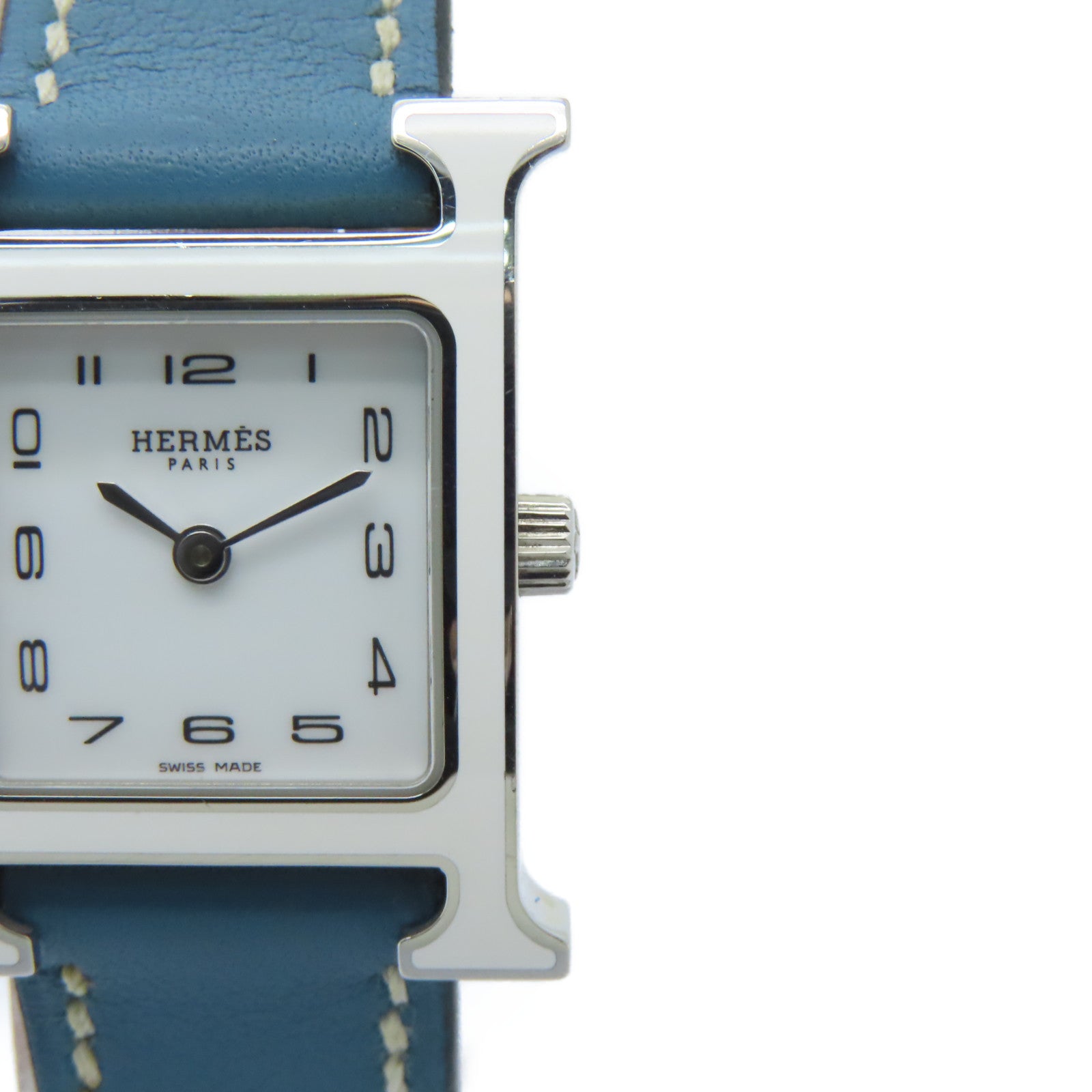 HERMES H Watch不鏽鋼/皮革帶手錶石英機芯白色/藍色