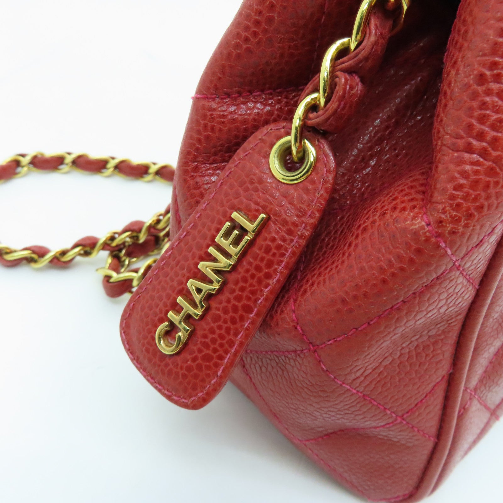 CHANEL cowhide leather Handbag gold buckle handle chain with shoulder bag red