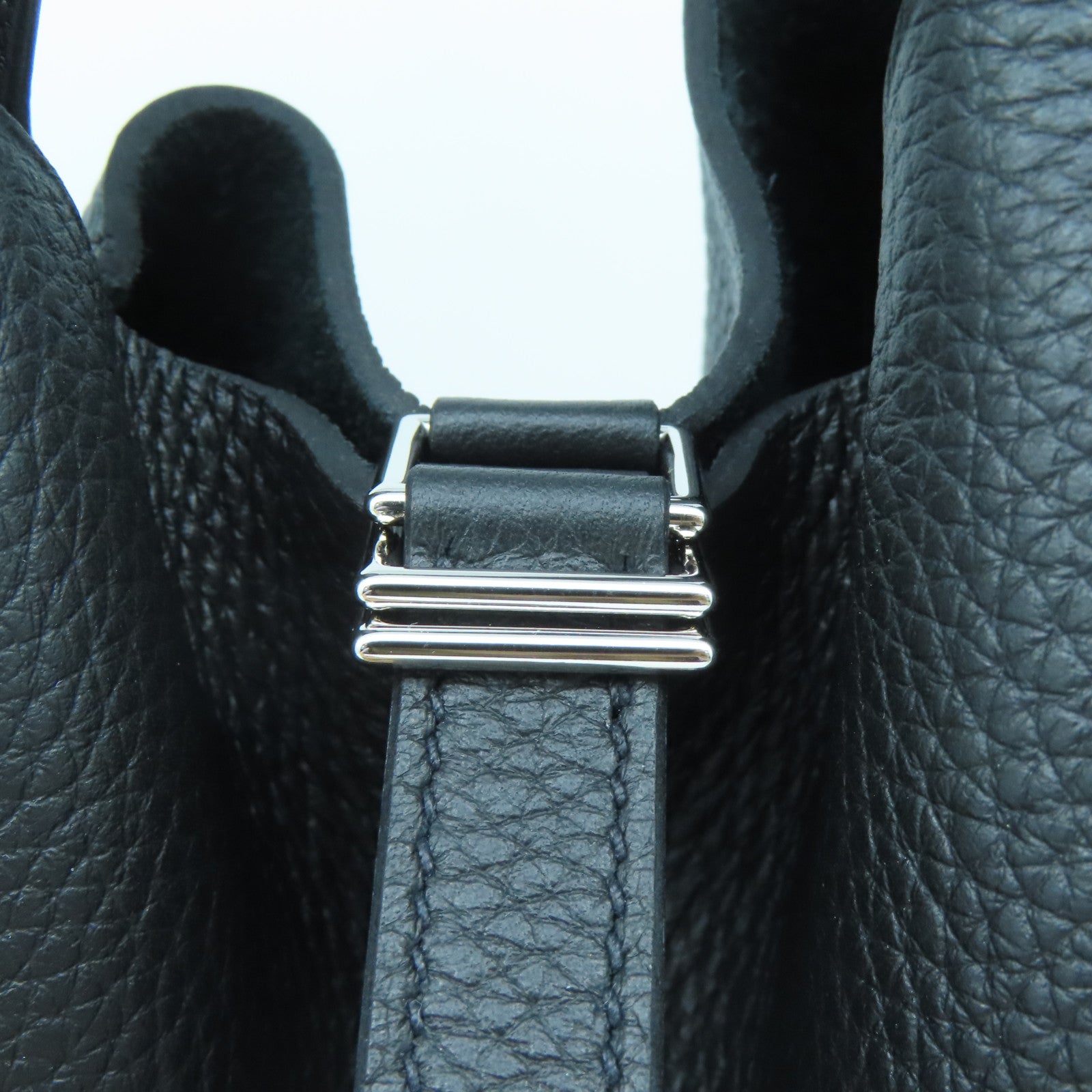HERMES Clemence Leather Picotin MM Silver Buckle Handle Bag Black
