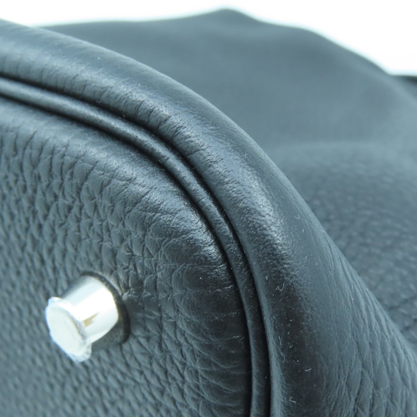 HERMES Clemence Leather Picotin MM Silver Buckle Handle Bag Black