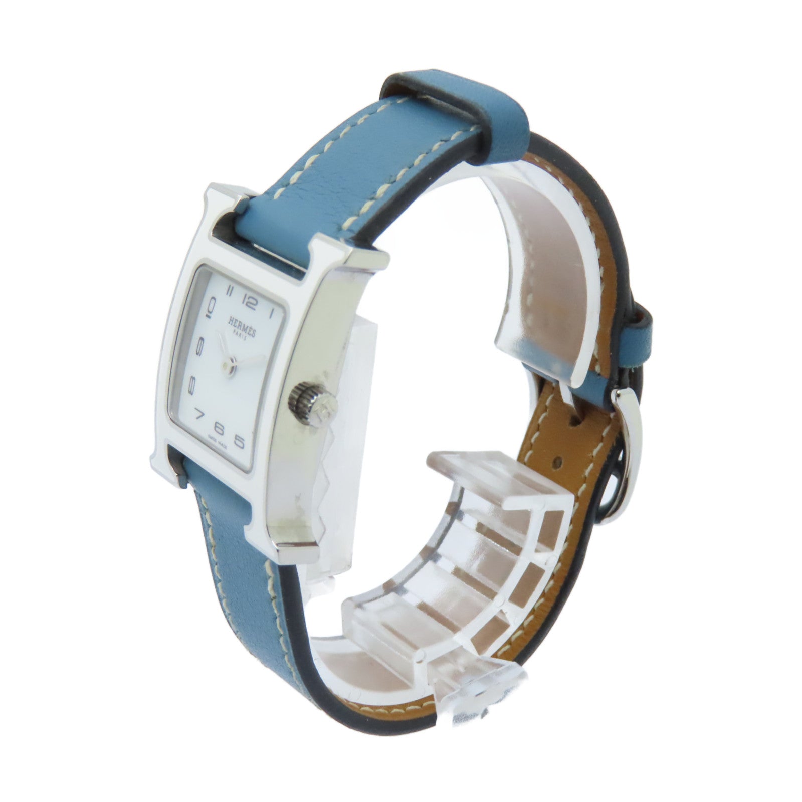 HERMES H Watch不鏽鋼/皮革帶手錶石英機芯白色/藍色