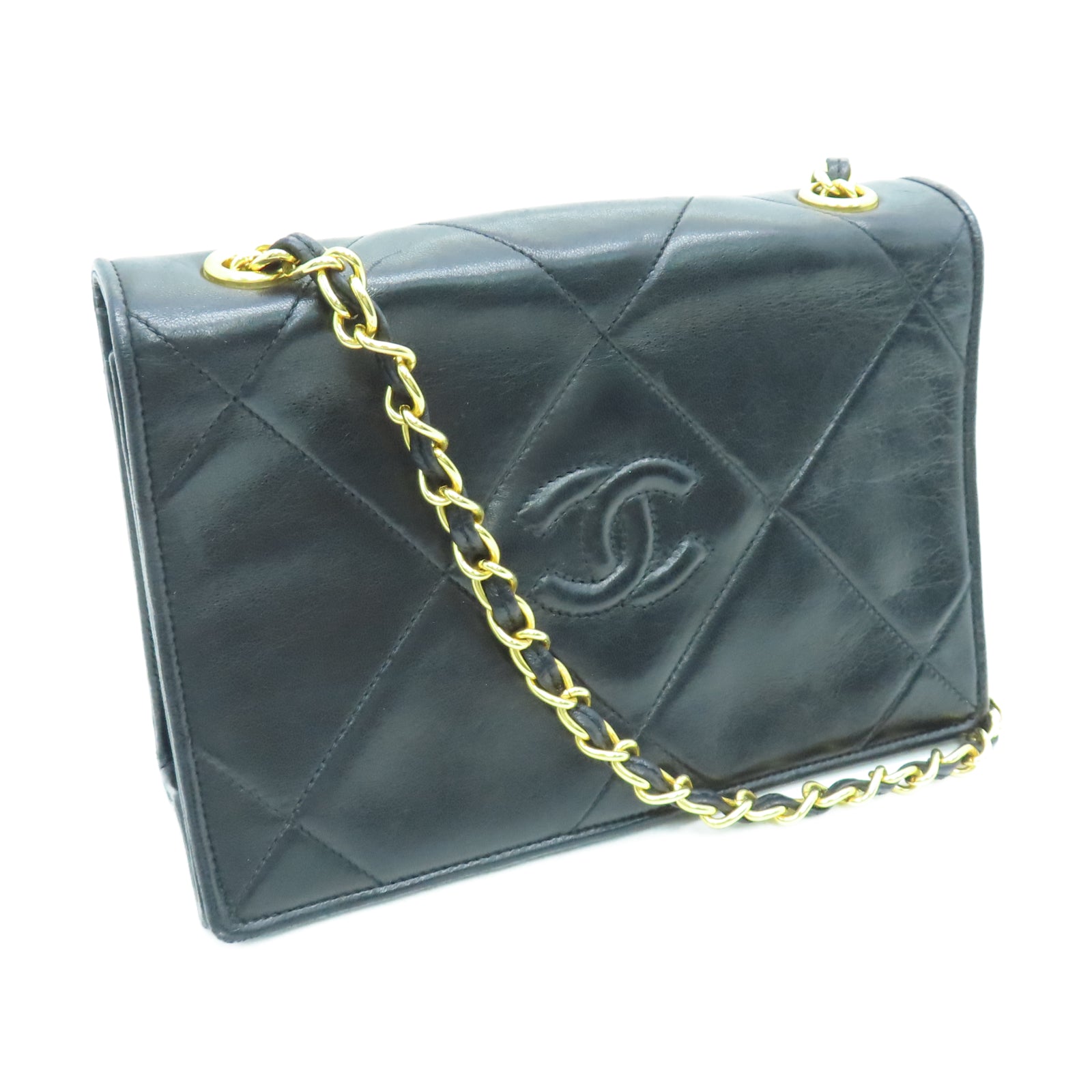 CHANEL 菱格羊皮皮革Vintage Chain Shoulder金扣鏈帶肩背袋黑色