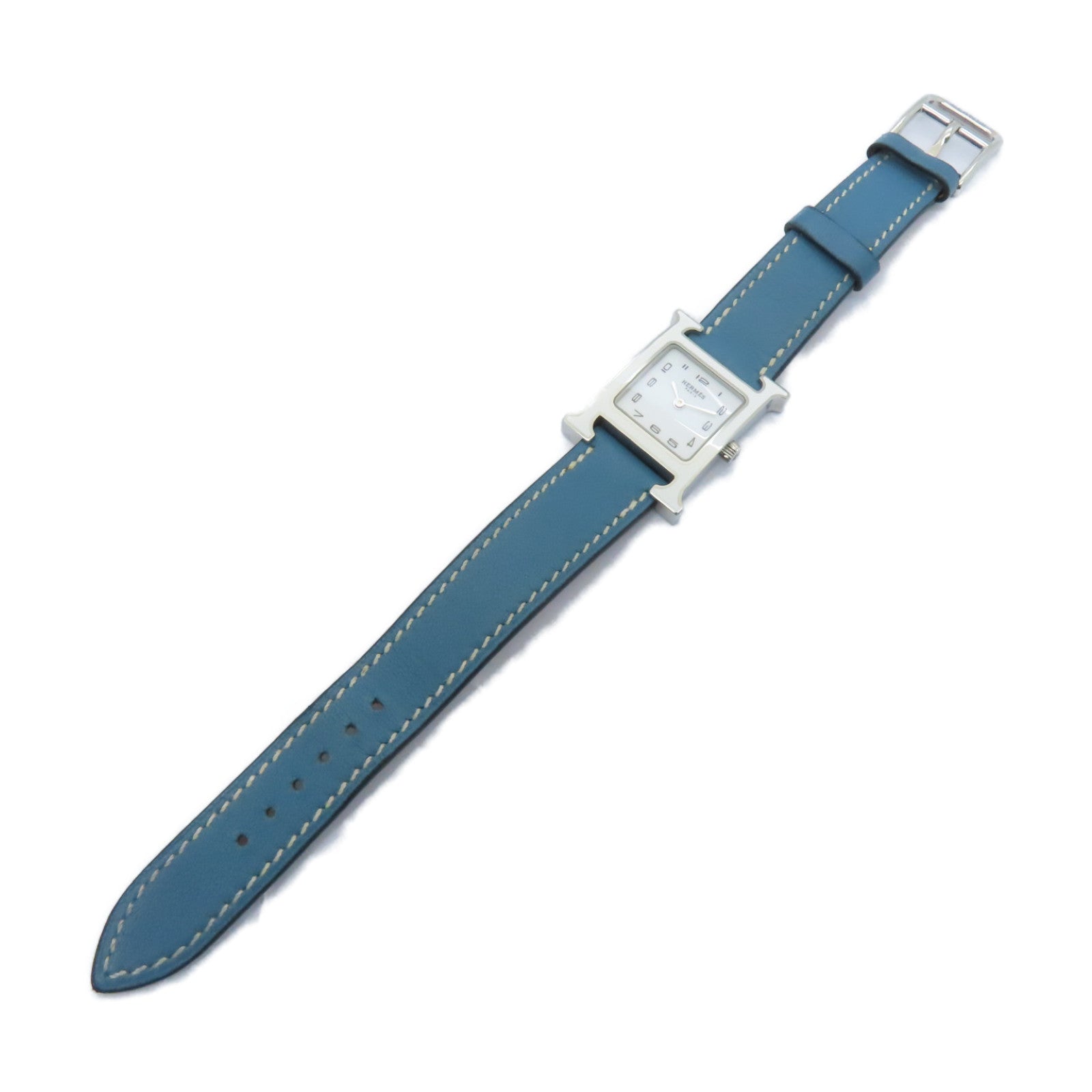 HERMES H Watch不鏽鋼/皮革帶手錶石英機芯白色/藍色