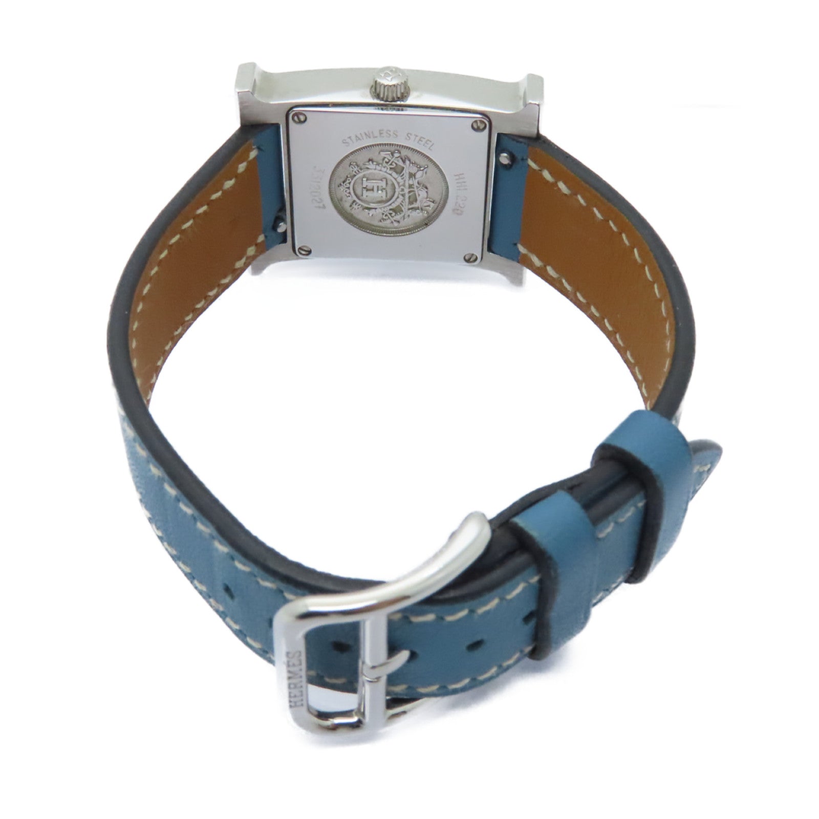 HERMES H Watch不鏽鋼/皮革帶手錶石英機芯白色/藍色