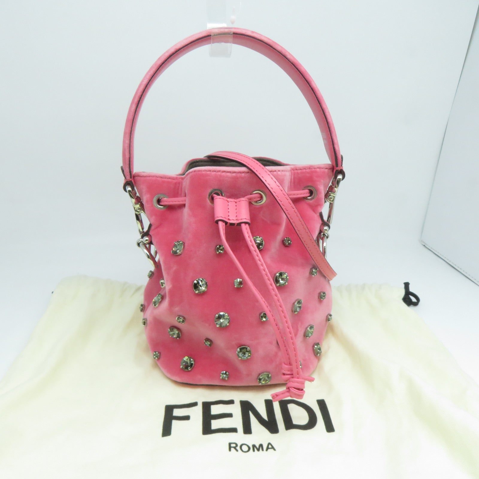 FENDI 天鵝絨Mon Tresor銀扣手挽肩背兩用袋粉紅色
