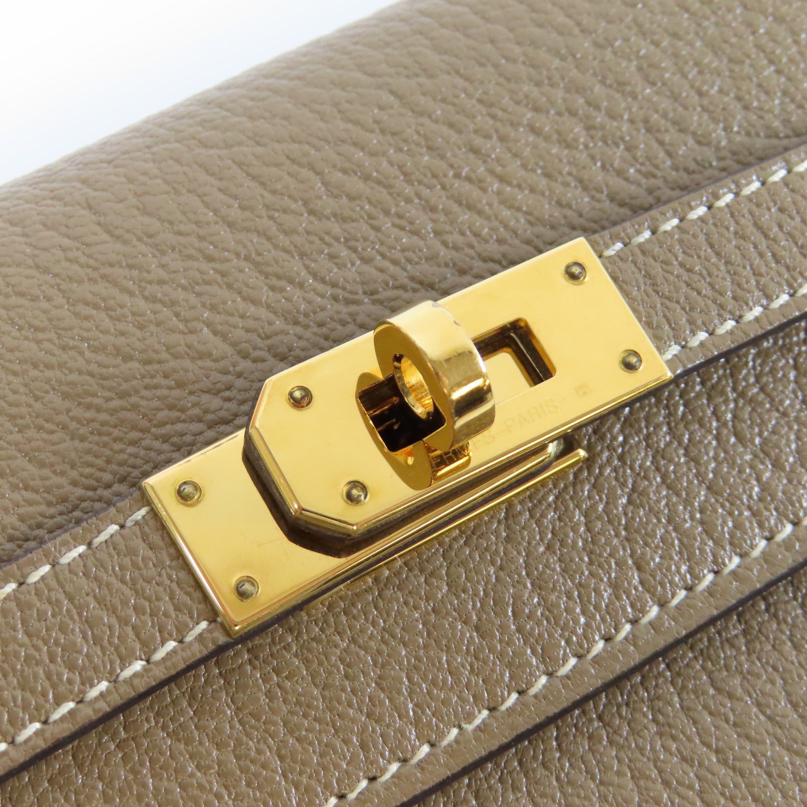 HERMES Chevre皮革Kelly Wallet金扣長錢包Etoupe大象灰色