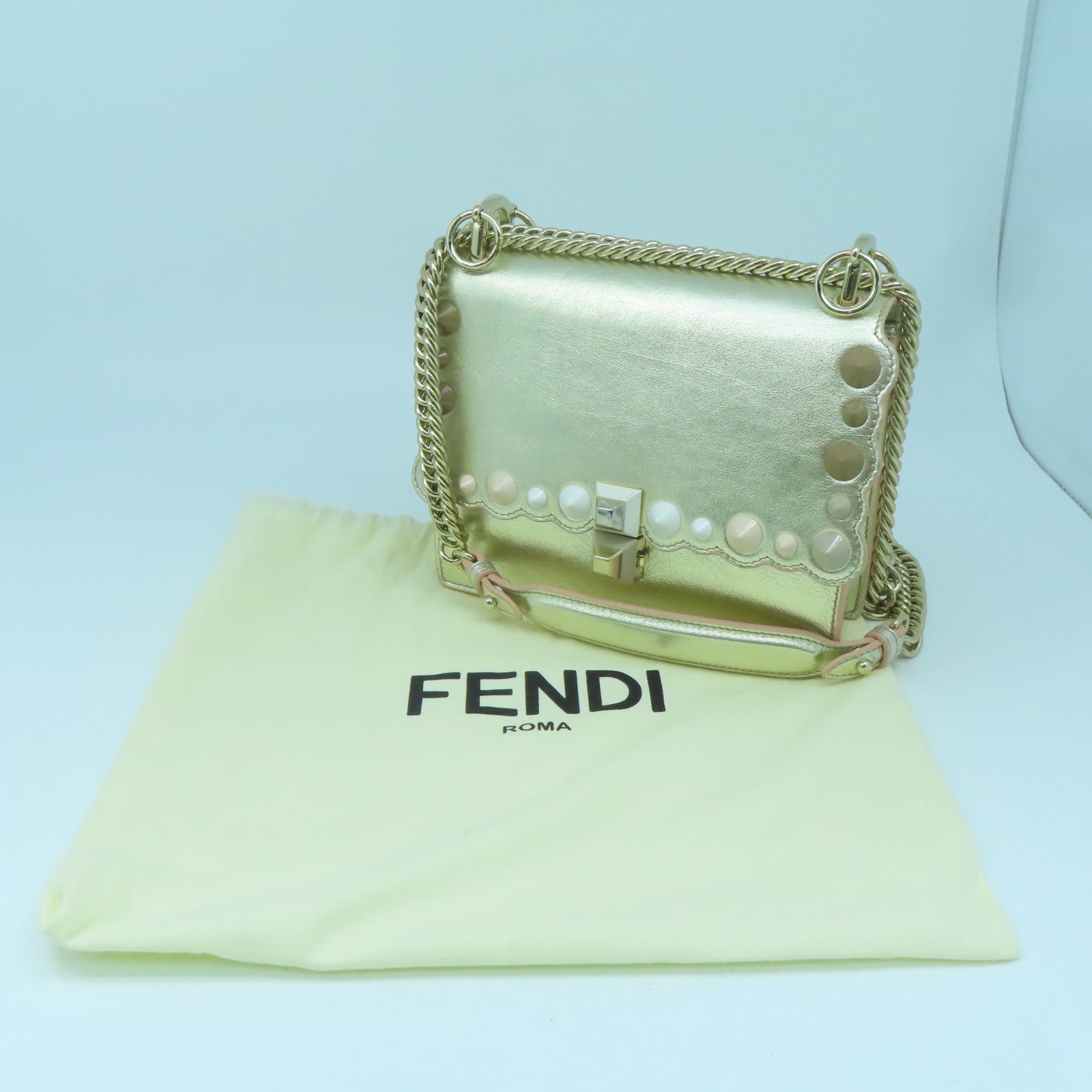 FENDI Calfskin Leather Kan I Gold Buckle Chain Shoulder Bag Silver/Pink