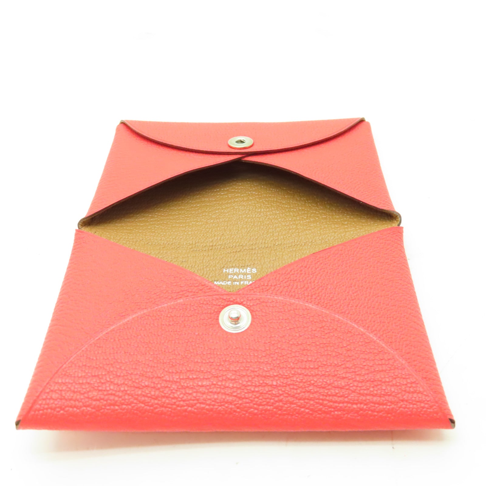 HERMES Chevre皮革Calvi銀扣卡片套番茄紅色