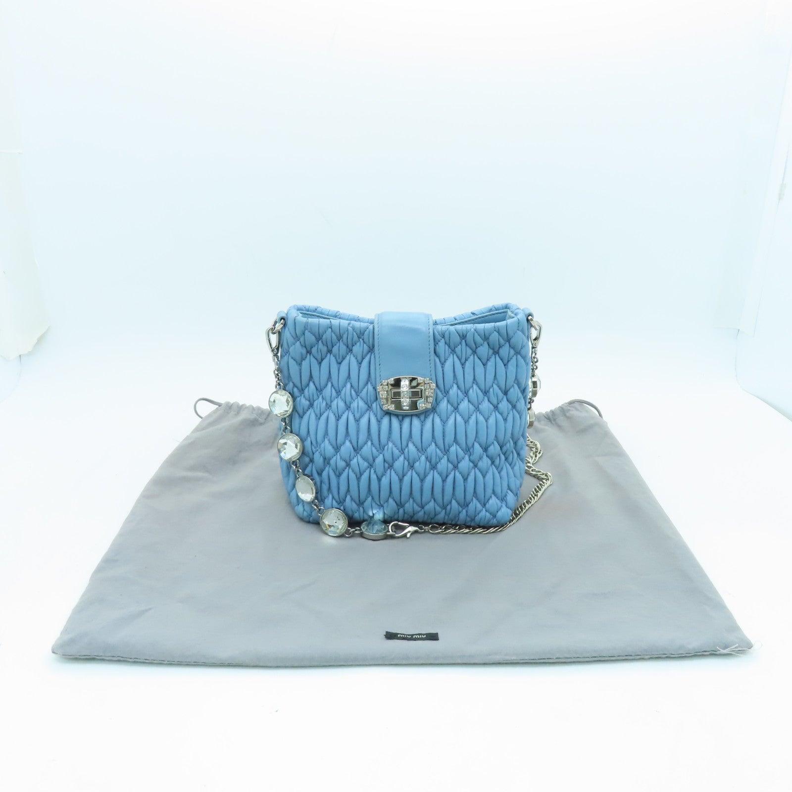 Miu Miu Sheepskin Leather Shoulder Bag Silver Buckle Chain Strap Shoulder Bag Light Blue