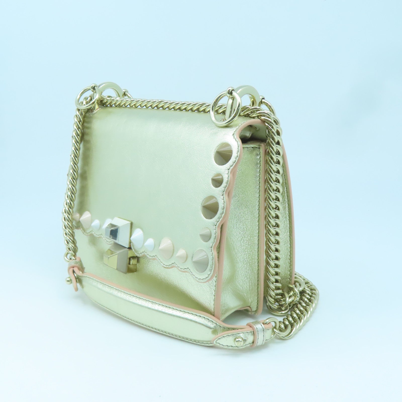 FENDI Calfskin Leather Kan I Gold Buckle Chain Shoulder Bag Silver/Pink