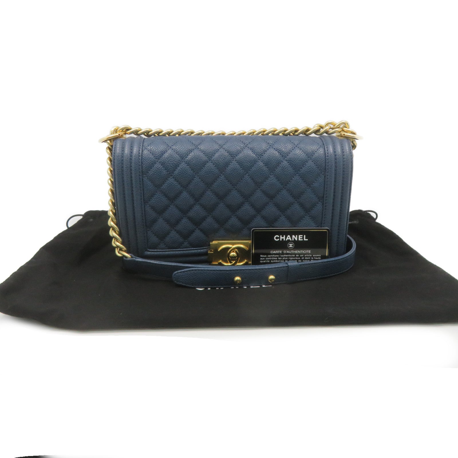 CHANEL 菱格Caviar皮革Boy Chanel Shoulder Bag金扣鏈帶肩背袋藍色