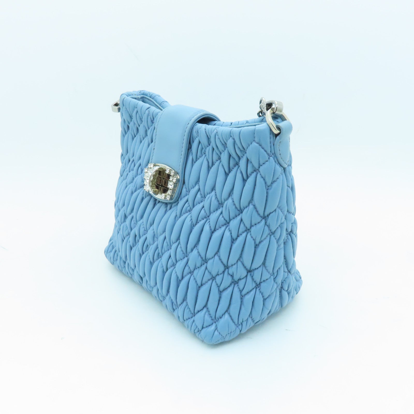 Miu Miu Sheepskin Leather Shoulder Bag Silver Buckle Chain Strap Shoulder Bag Light Blue