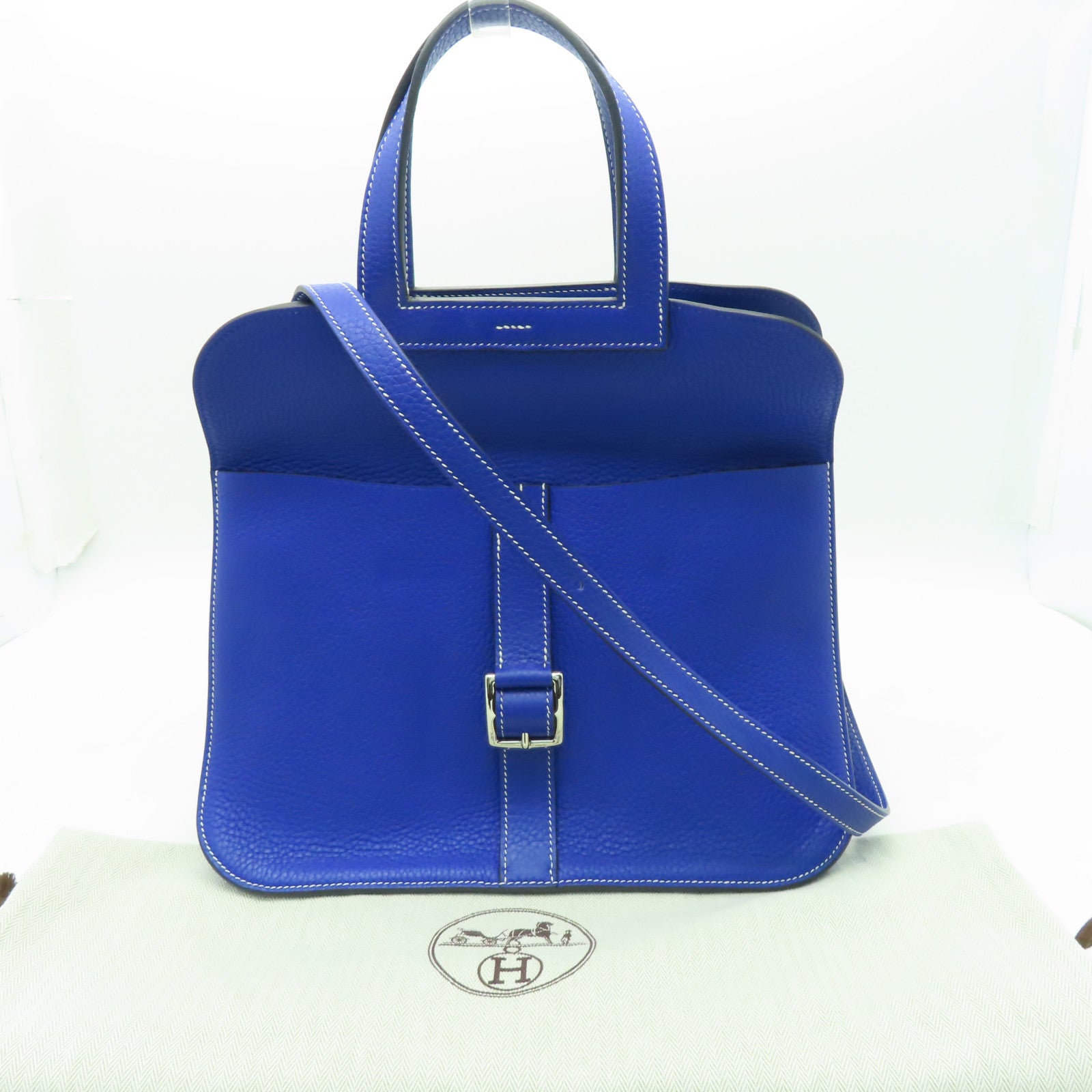 HERMES Clemence皮革Halzan 31銀扣手挽肩背兩用袋電子色藍