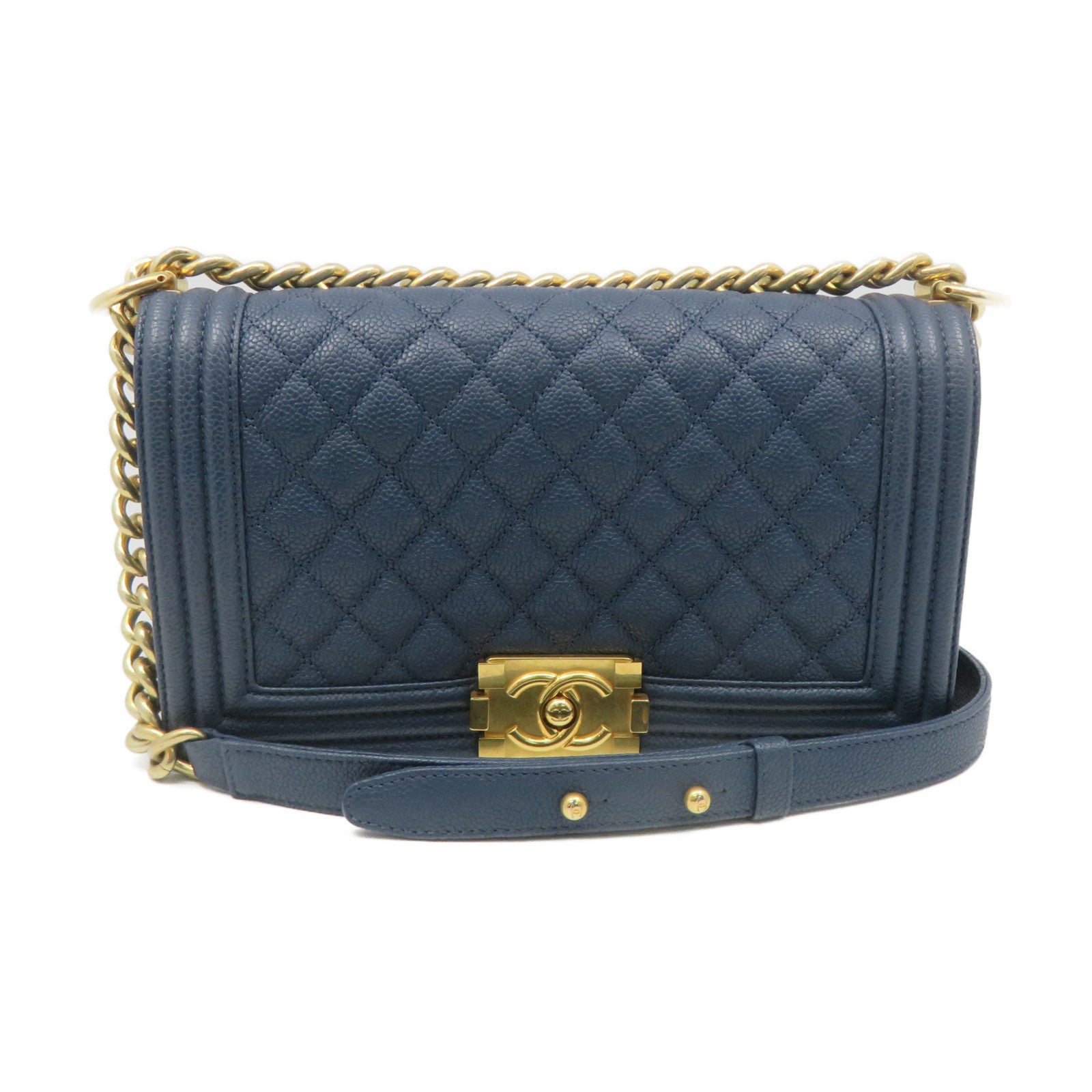 CHANEL 菱格Caviar皮革Boy Chanel Shoulder Bag金扣鏈帶肩背袋藍色