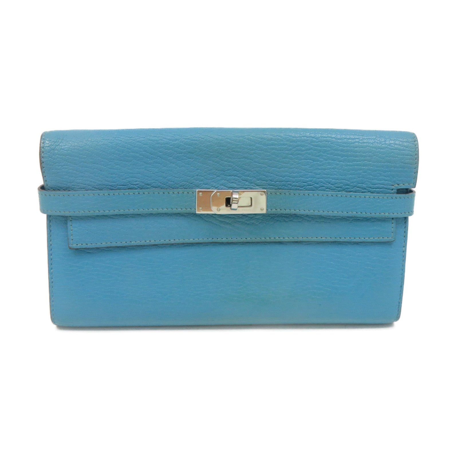 HERMES 【激减优惠】Chevre皮革Kelly Wallet 银扣长钱包蓝色
