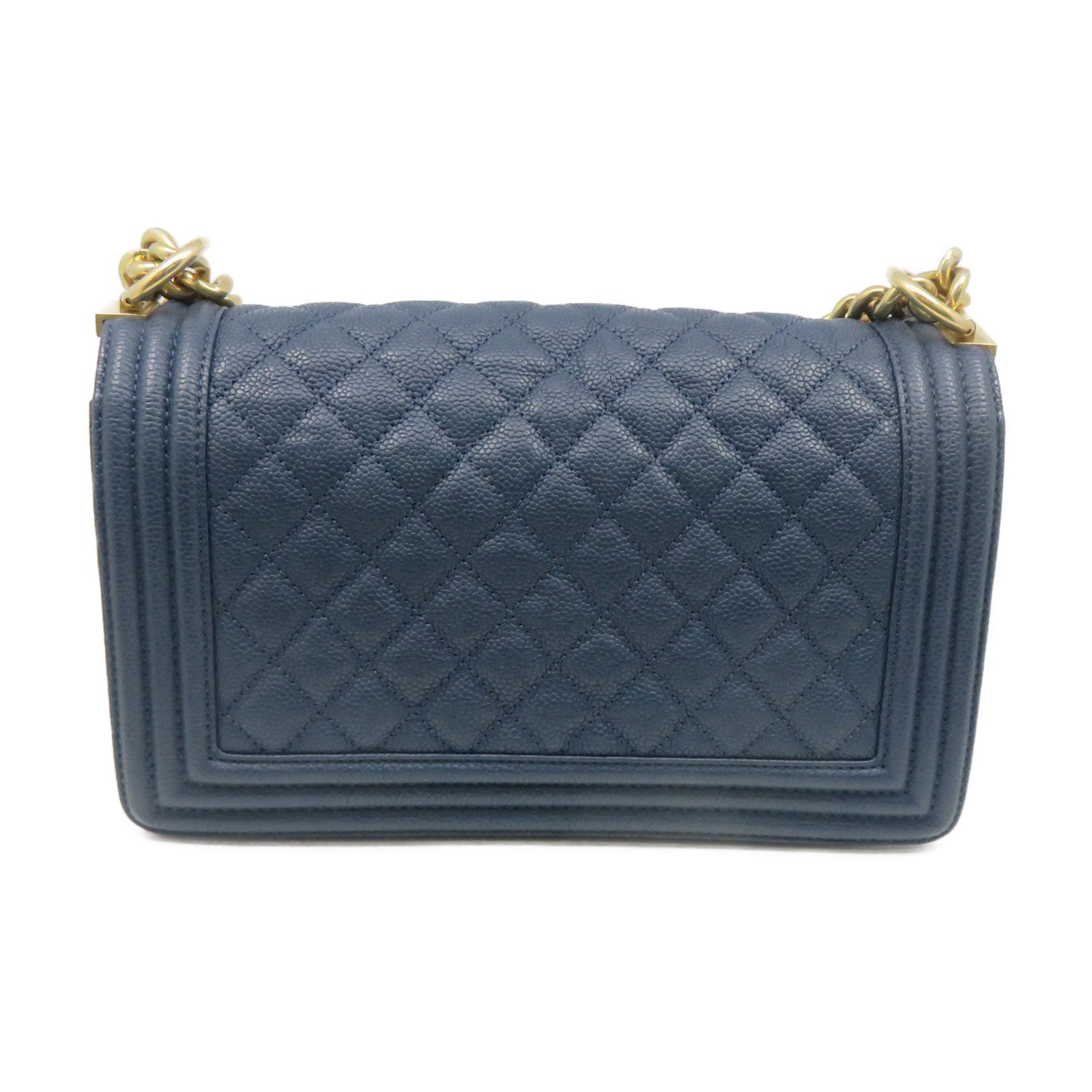 CHANEL 菱格Caviar皮革Boy Chanel Shoulder Bag金扣鏈帶肩背袋藍色
