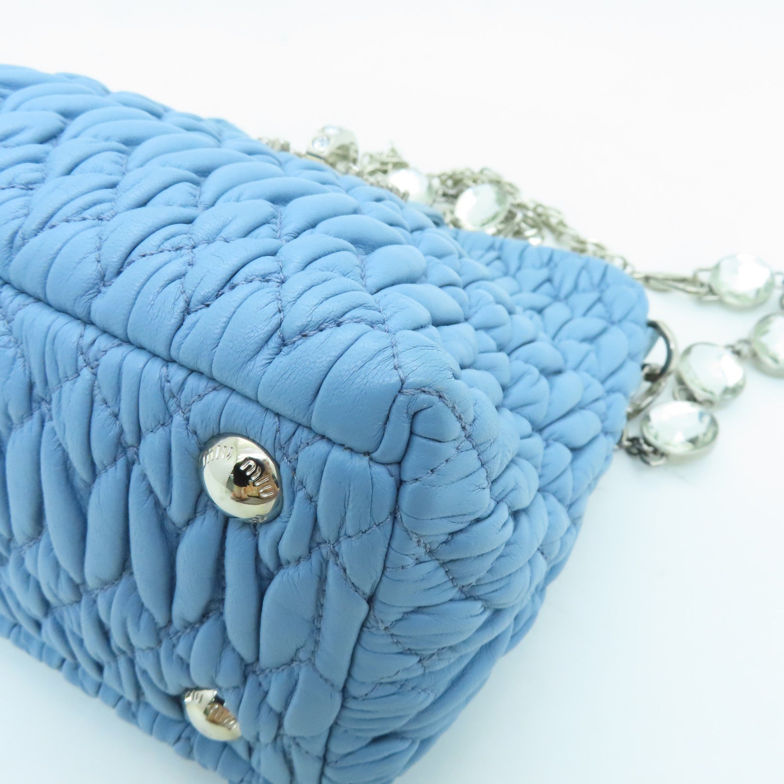 Miu Miu Sheepskin Leather Shoulder Bag Silver Buckle Chain Strap Shoulder Bag Light Blue