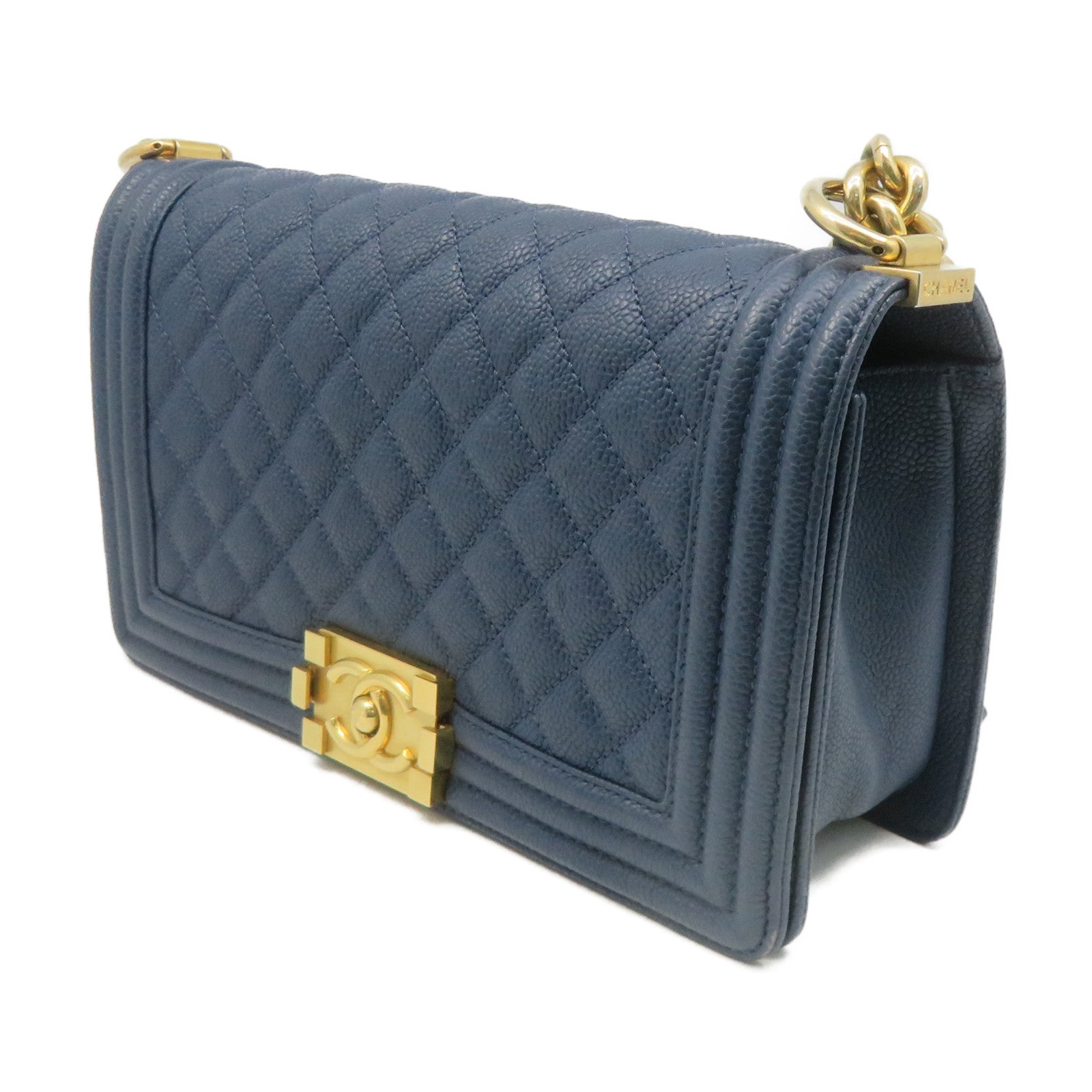 CHANEL 菱格Caviar皮革Boy Chanel Shoulder Bag金扣鏈帶肩背袋藍色