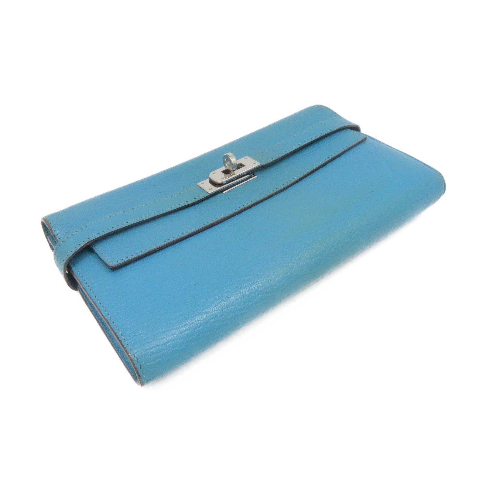 HERMES 【激减优惠】Chevre皮革Kelly Wallet 银扣长钱包蓝色