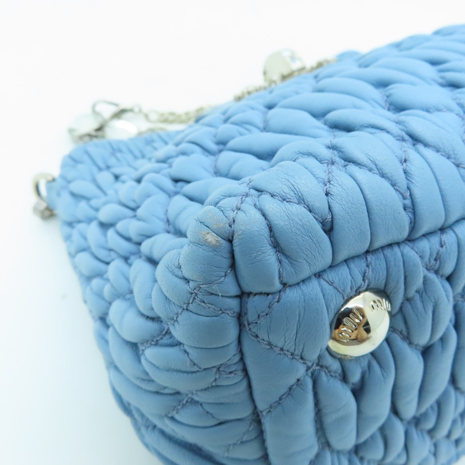 Miu Miu Sheepskin Leather Shoulder Bag Silver Buckle Chain Strap Shoulder Bag Light Blue