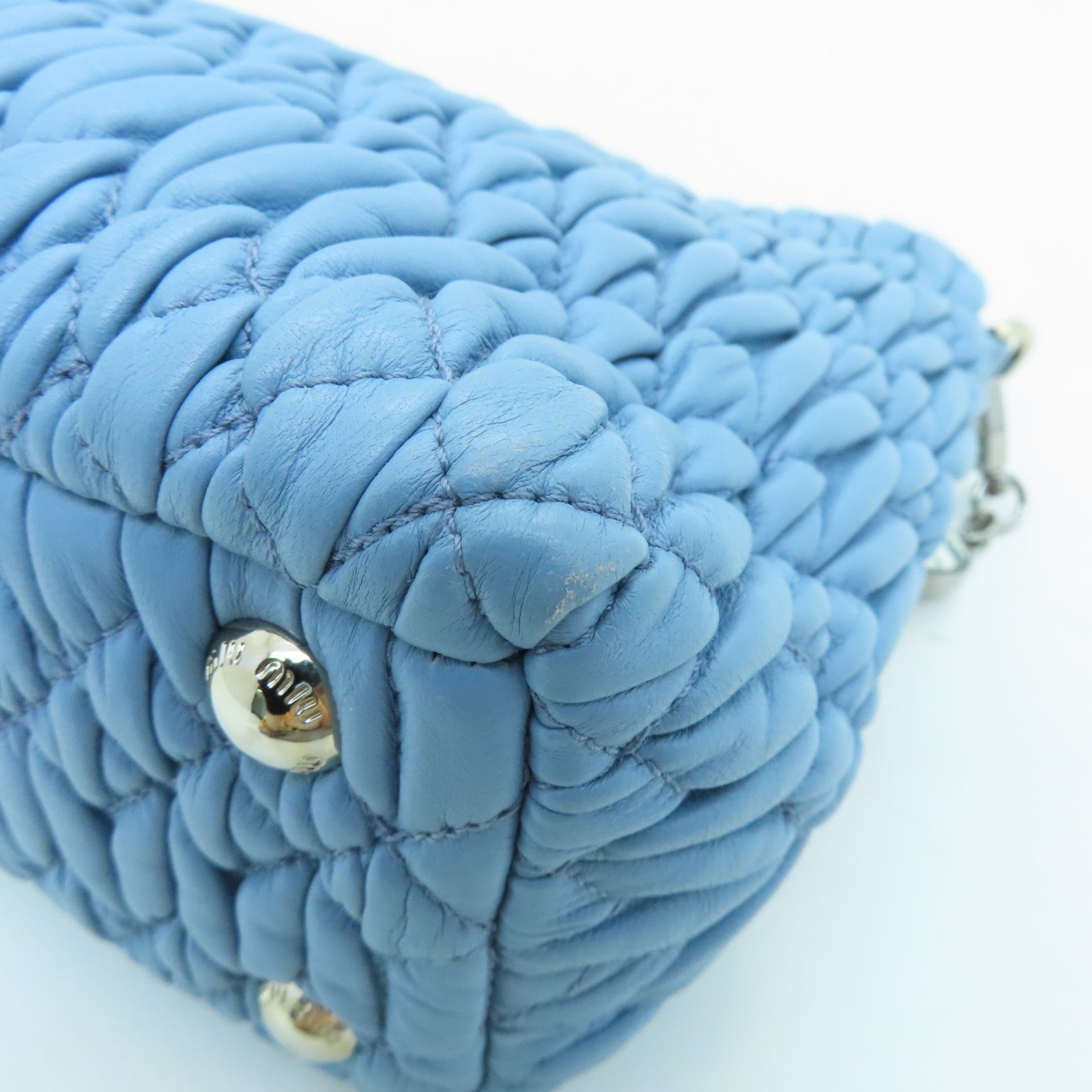 Miu Miu Sheepskin Leather Shoulder Bag Silver Buckle Chain Strap Shoulder Bag Light Blue