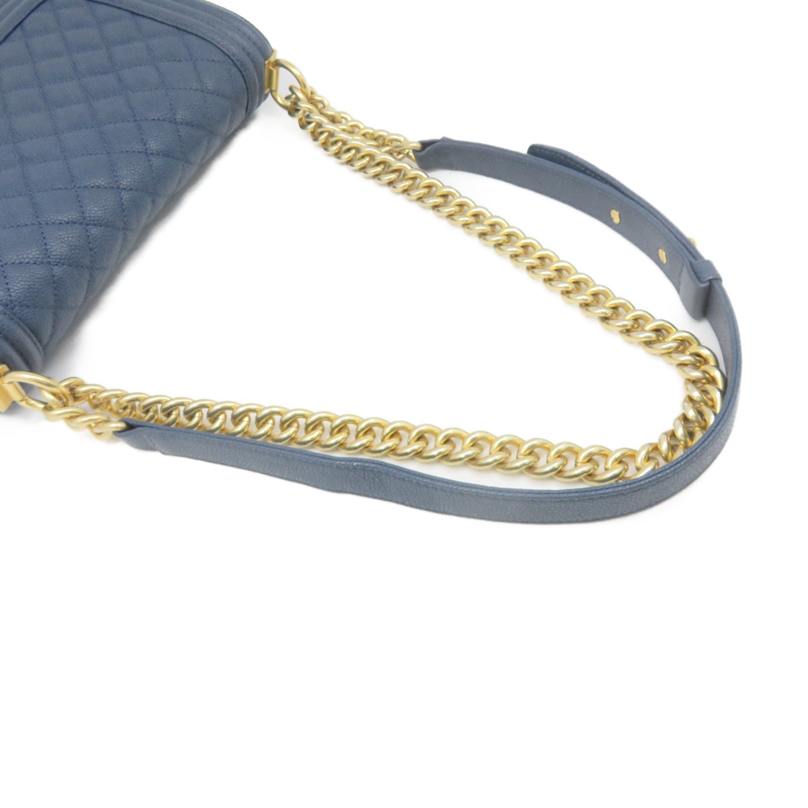 CHANEL 菱格Caviar皮革Boy Chanel Shoulder Bag金扣鏈帶肩背袋藍色