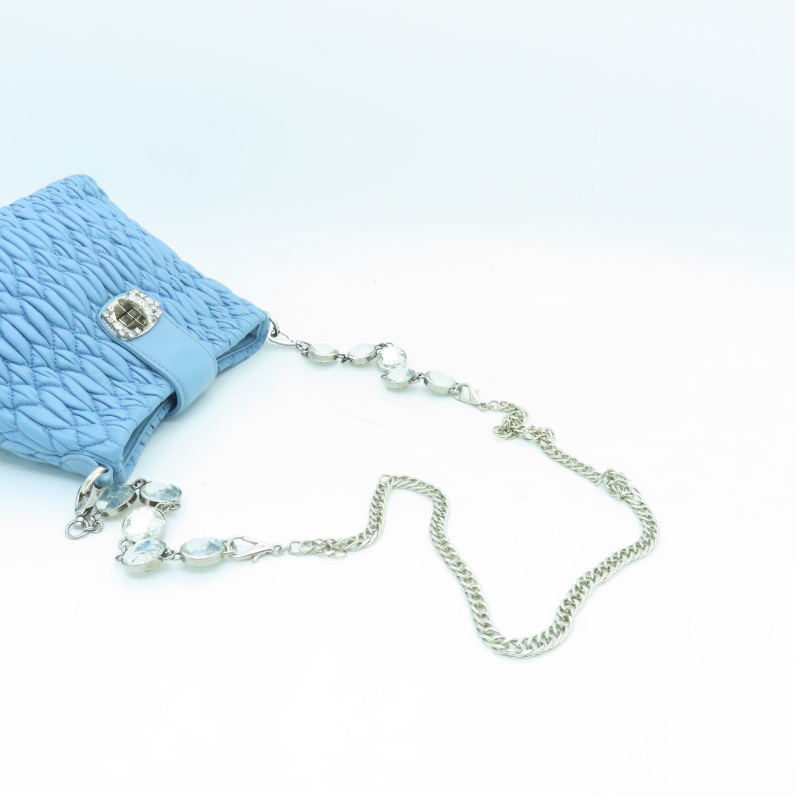 Miu Miu Sheepskin Leather Shoulder Bag Silver Buckle Chain Strap Shoulder Bag Light Blue