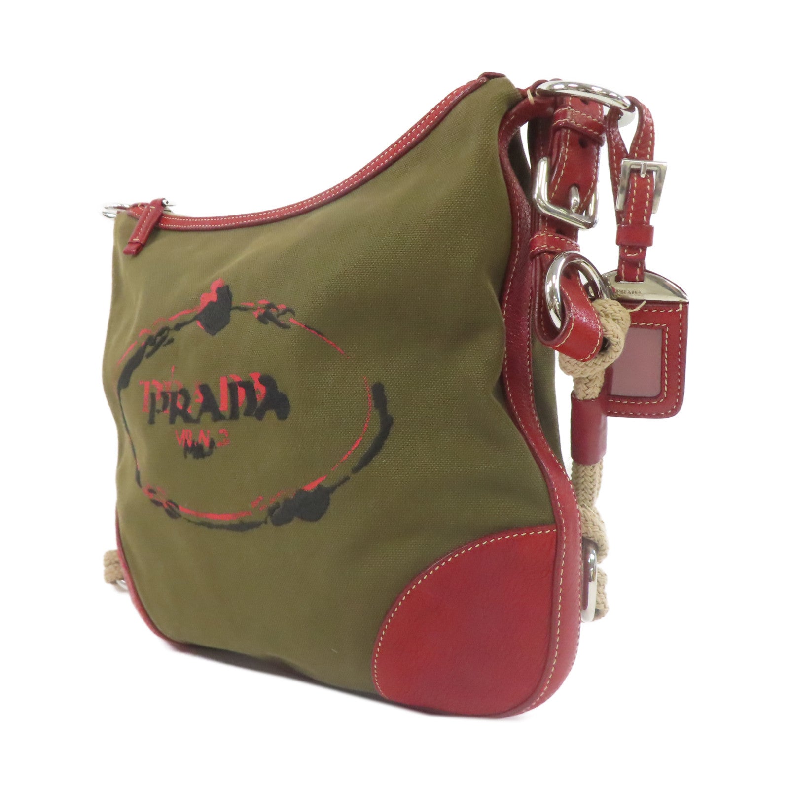 PRADA 帆布Shoulder Bag銀扣肩背袋綠色/紅色