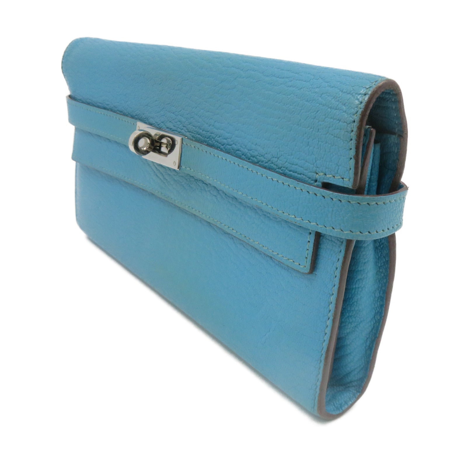 HERMES 【激减优惠】Chevre皮革Kelly Wallet 银扣长钱包蓝色