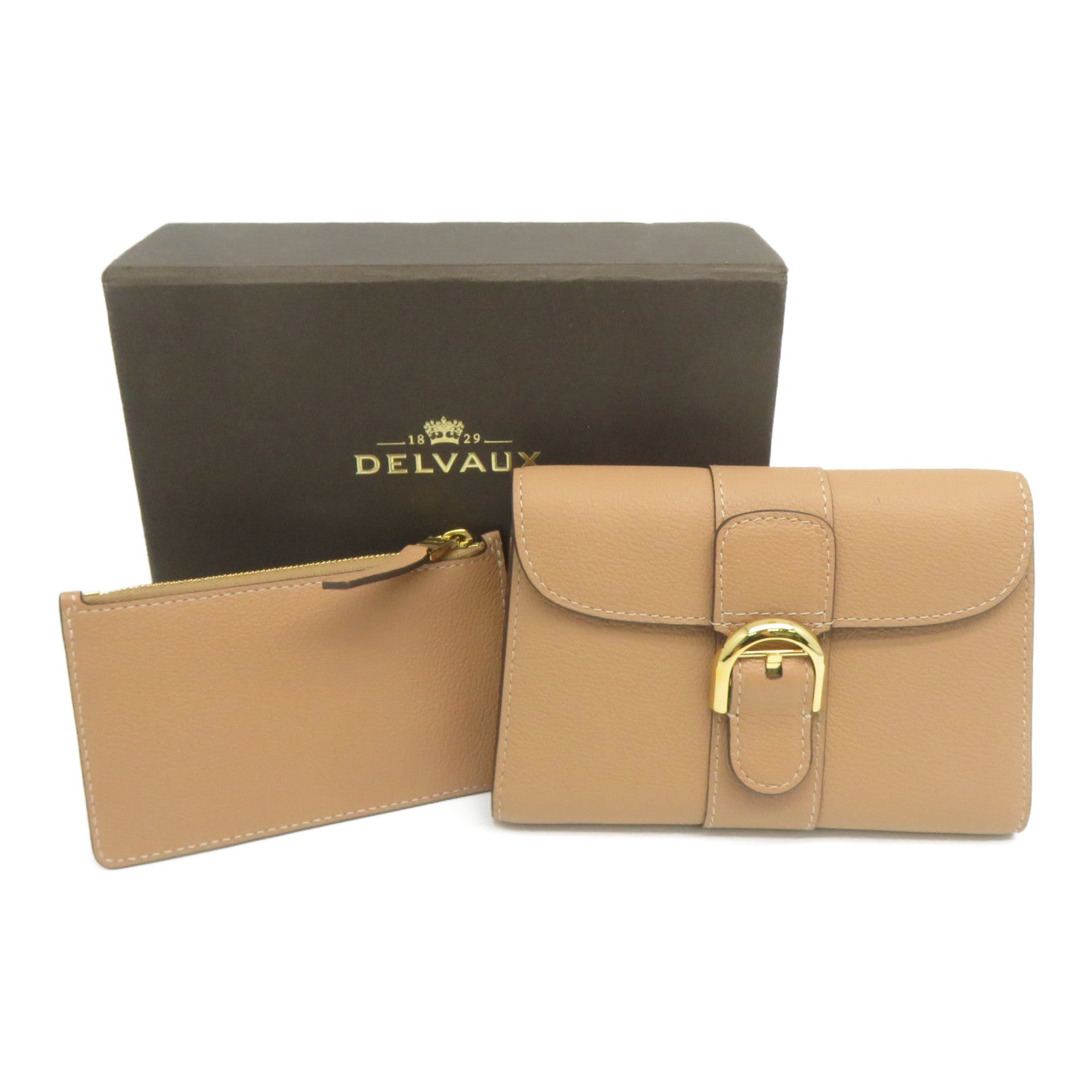 Delvaux 【激減優惠】牛皮皮革Folding Wallet金扣錢包杏色