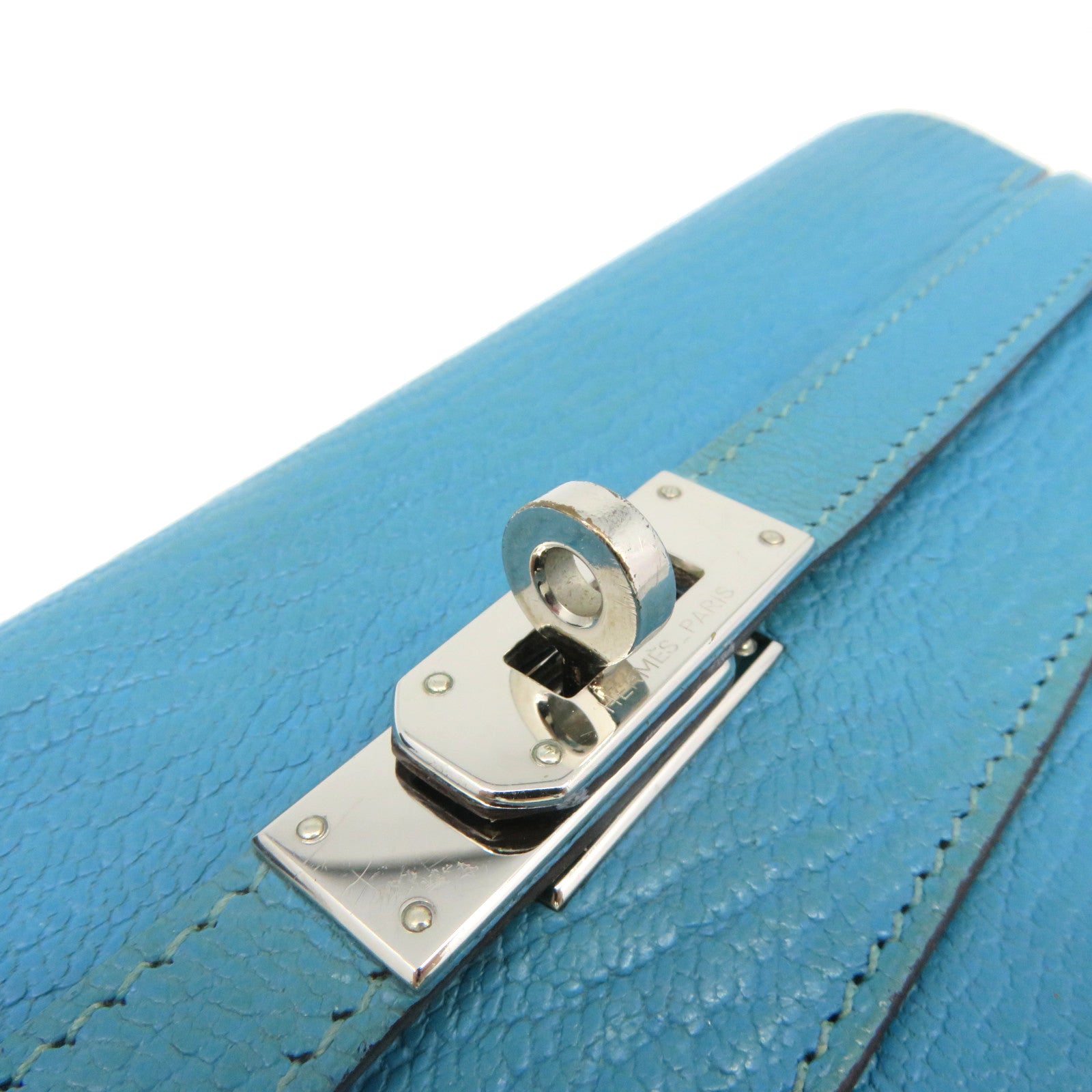 HERMES 【激减优惠】Chevre皮革Kelly Wallet 银扣长钱包蓝色