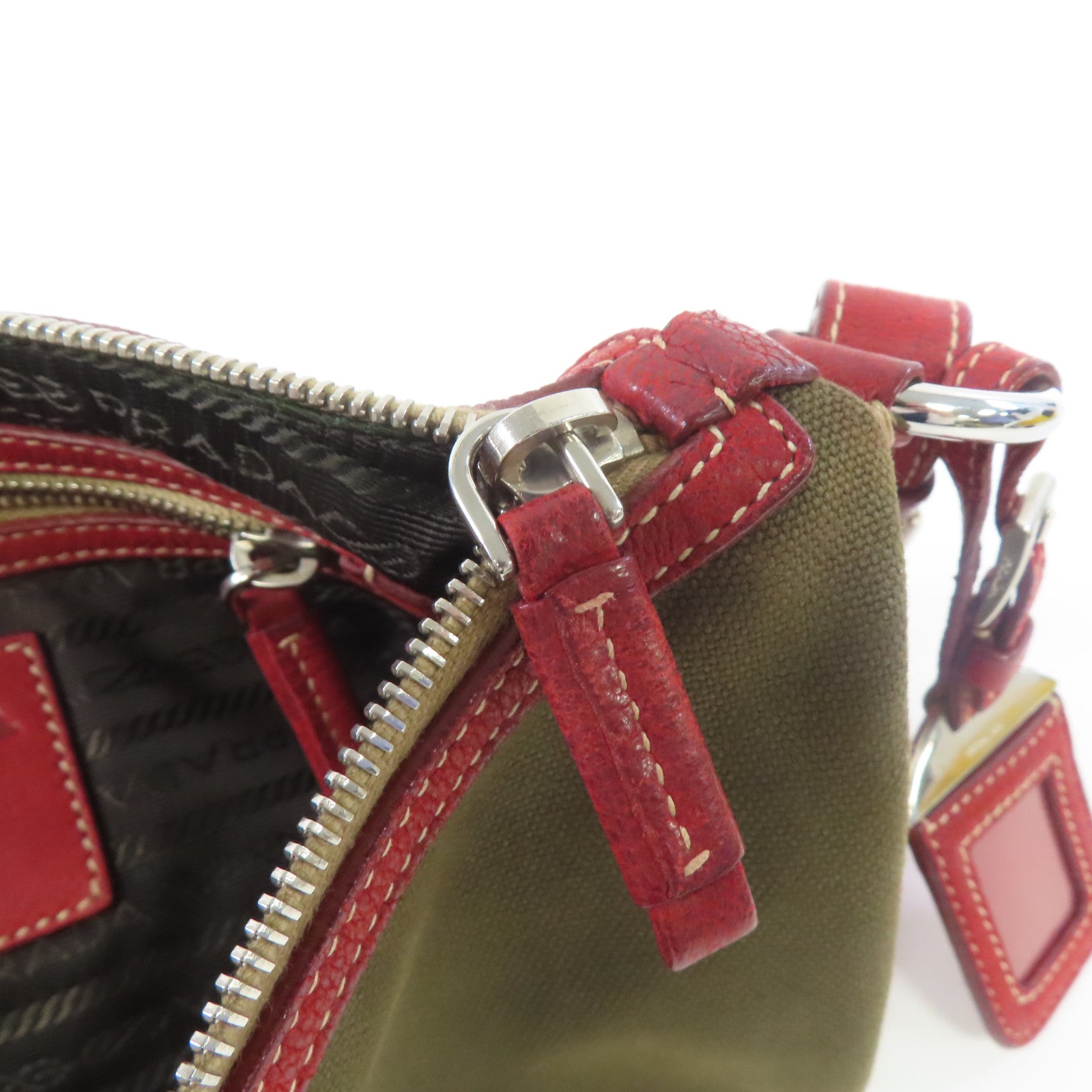 PRADA 帆布Shoulder Bag銀扣肩背袋綠色/紅色